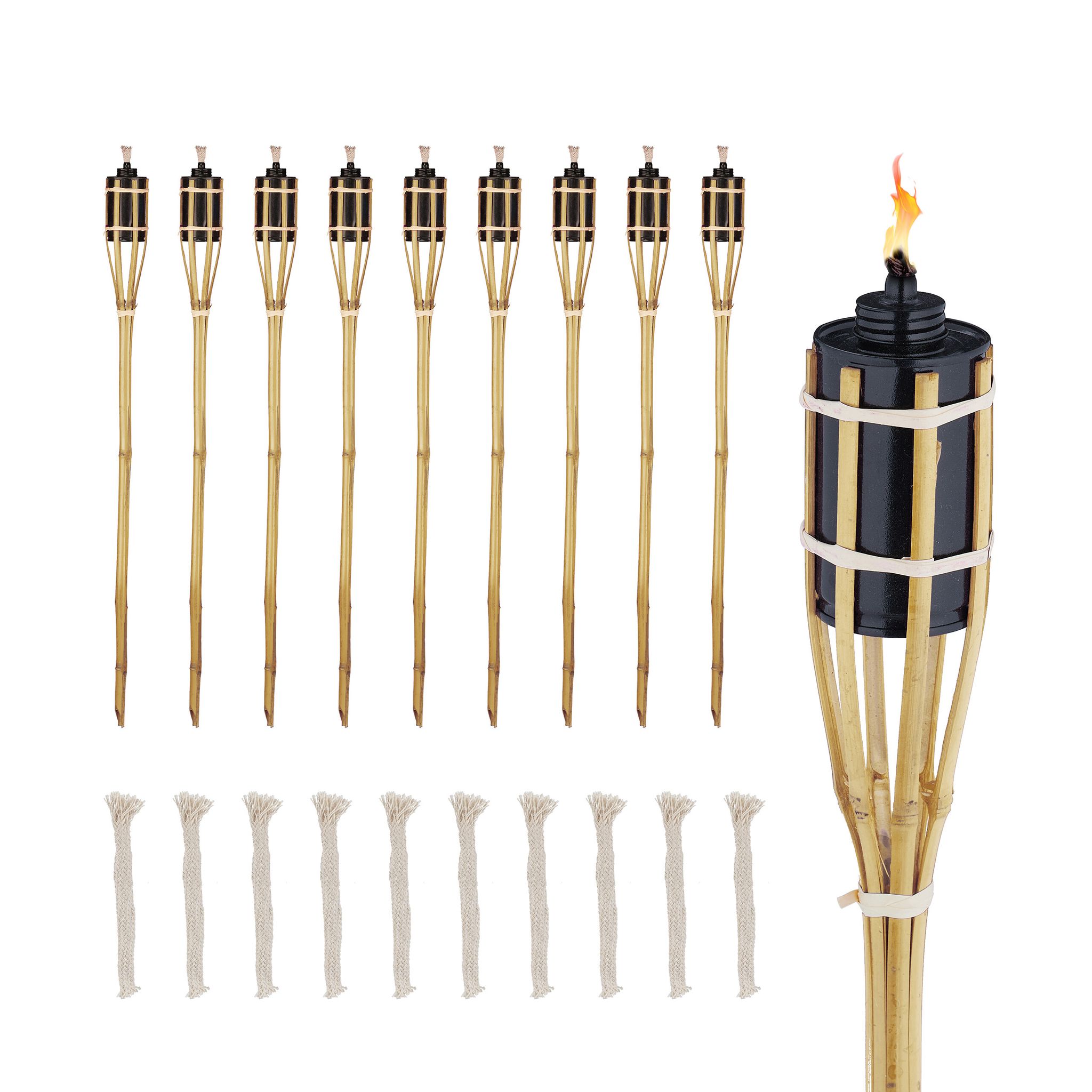 Set Of 10 Garden Oil Torches, With Replacable Wicks, Bamboo & Iron, Outdoor Party Flares, Hxø, 80x6cm, Natural - Relaxdays