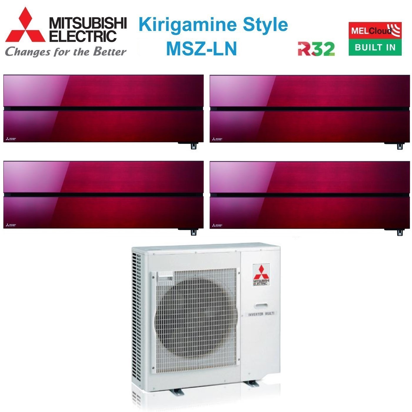 Climatizzatore Condizionatore Mitsubishi Electric Quadri Split Inverter Serie Kirigamine Style Msz-ln 9+9+9+12 Con Mxz-4f72vf Ruby Red R-32 Wi-fi Integrato Colore Rosso 9000+9000+9000+12000