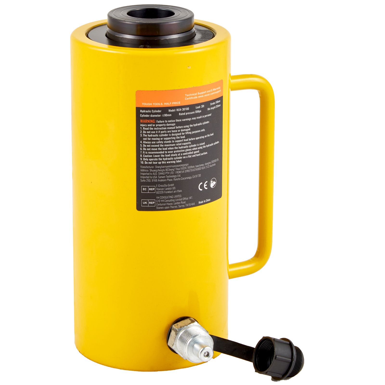 Vérin hydraulique creux YUDO 30 t, course 102 mm, levage 29 937 kg, pour cintrage carrosserie