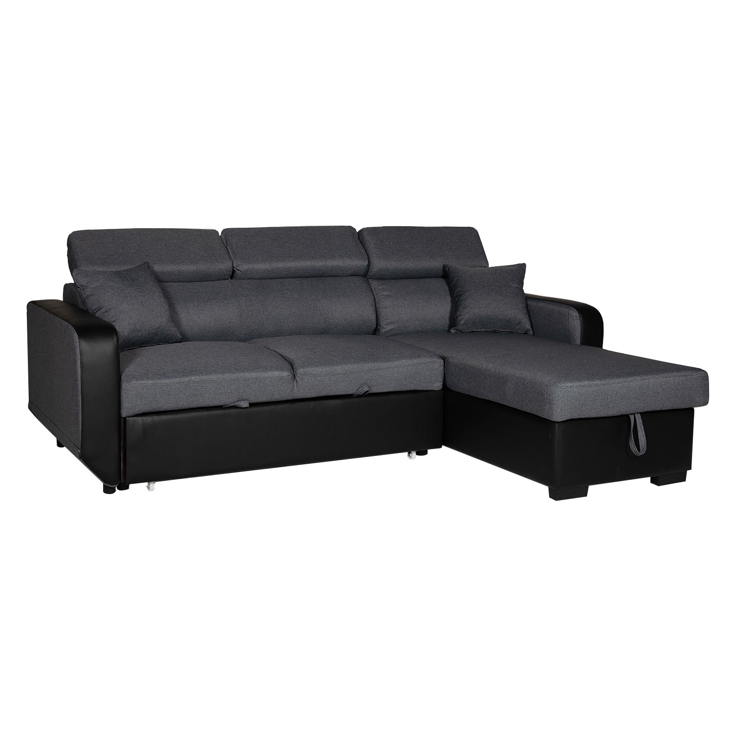 Happy Garden – Canapé D'Angle Convertible 3 Places Gris Chiné Et Noir