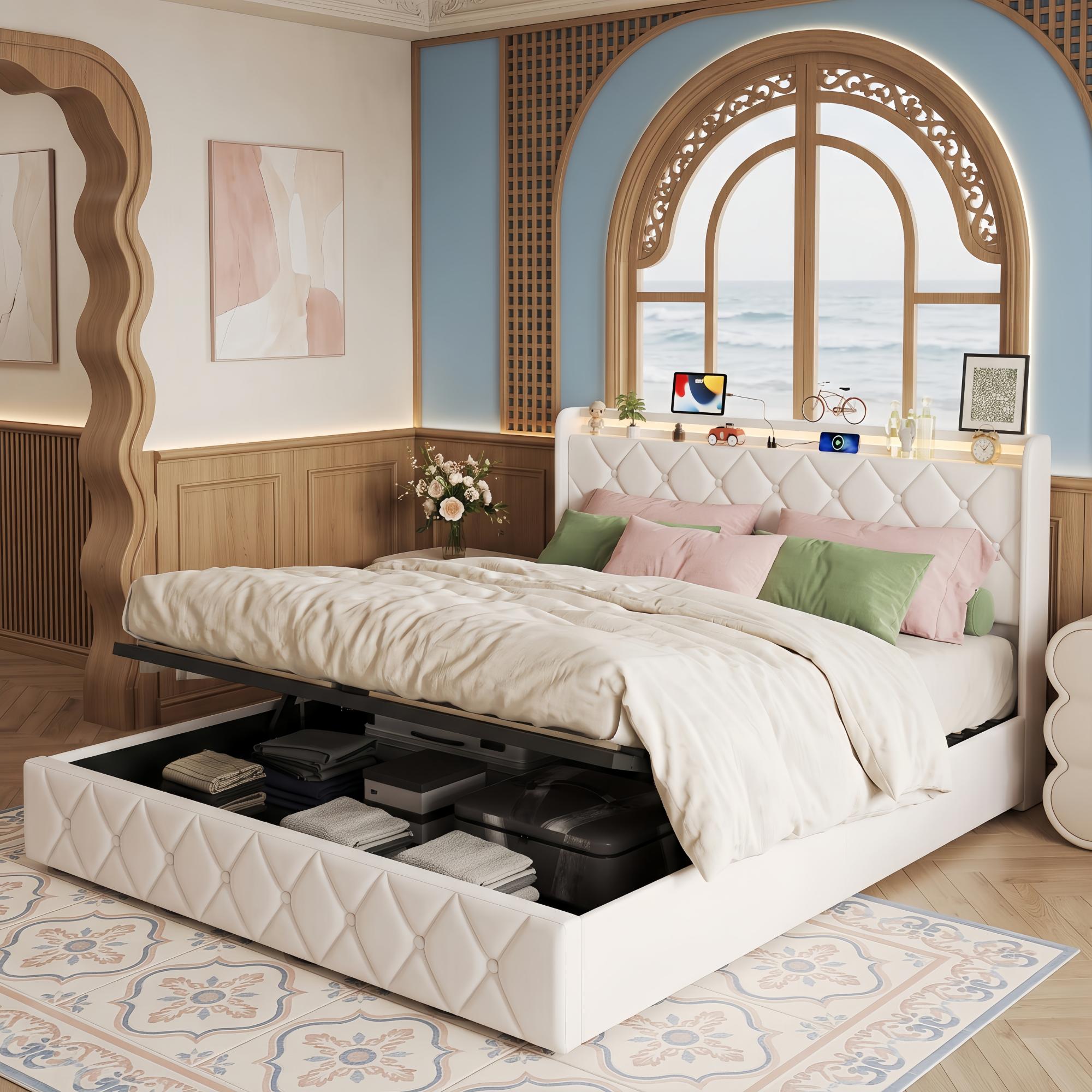 Lit Coffre Double 160x200 Cm Flanelle Beige