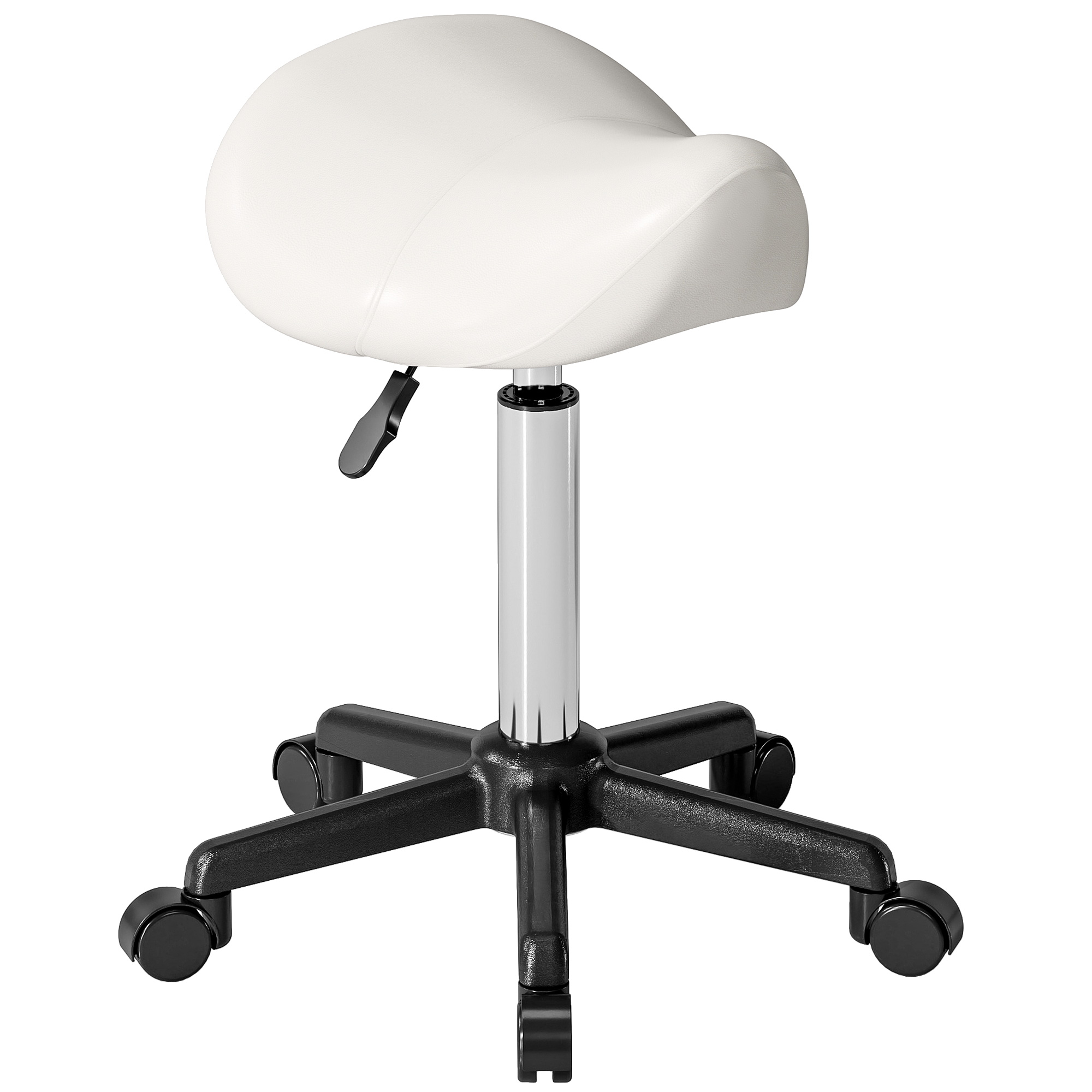 Tabouret à roulettes réglable en hauteur 45-57 cm, selle ergonomique en polyuréthane, base acier 5 branches, blanc
