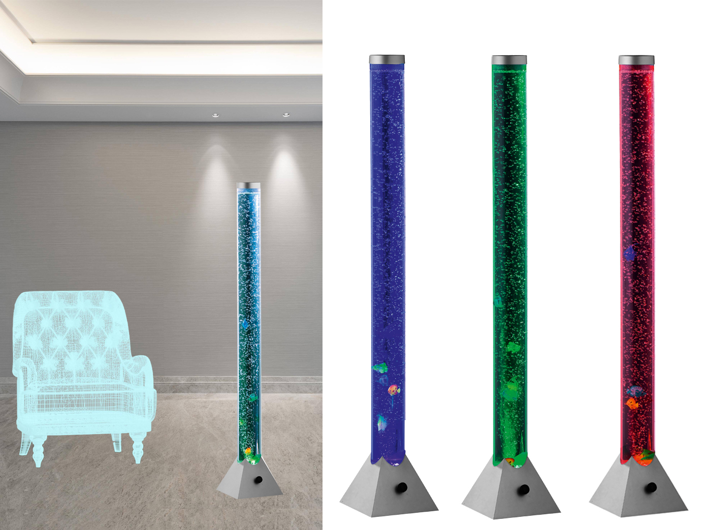 Sprudelnde Farbwechsel Led Lichtsäule Motion Wassersäule & Deko Fische 130cm