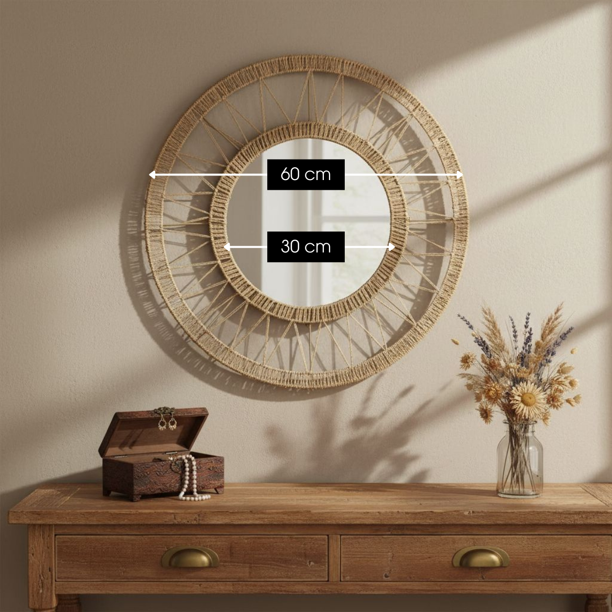 Miroir Mural Rond En Jute Marron Clair Ø 60 Cm Style Bohème Pour Entrée