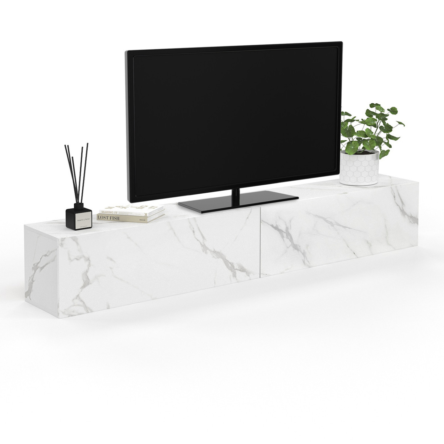 Idmarket - Meuble Tv 180 Cm Suspendu Elio 2 Portes Bois Effet Marbre