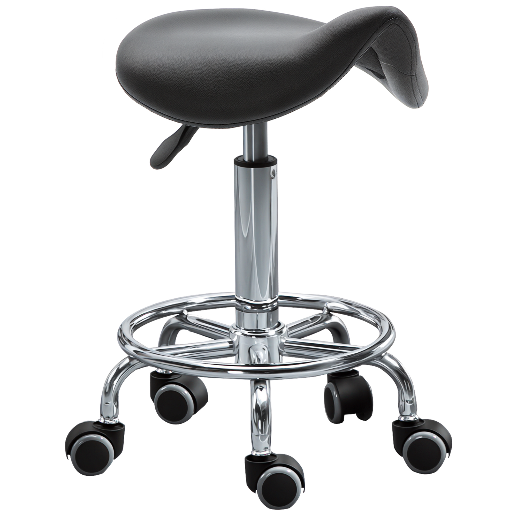 Tabouret d'atelier à roulettes, assise rembourrée PU noir, hauteur réglable 51 à 66 cm, pivotant 360°