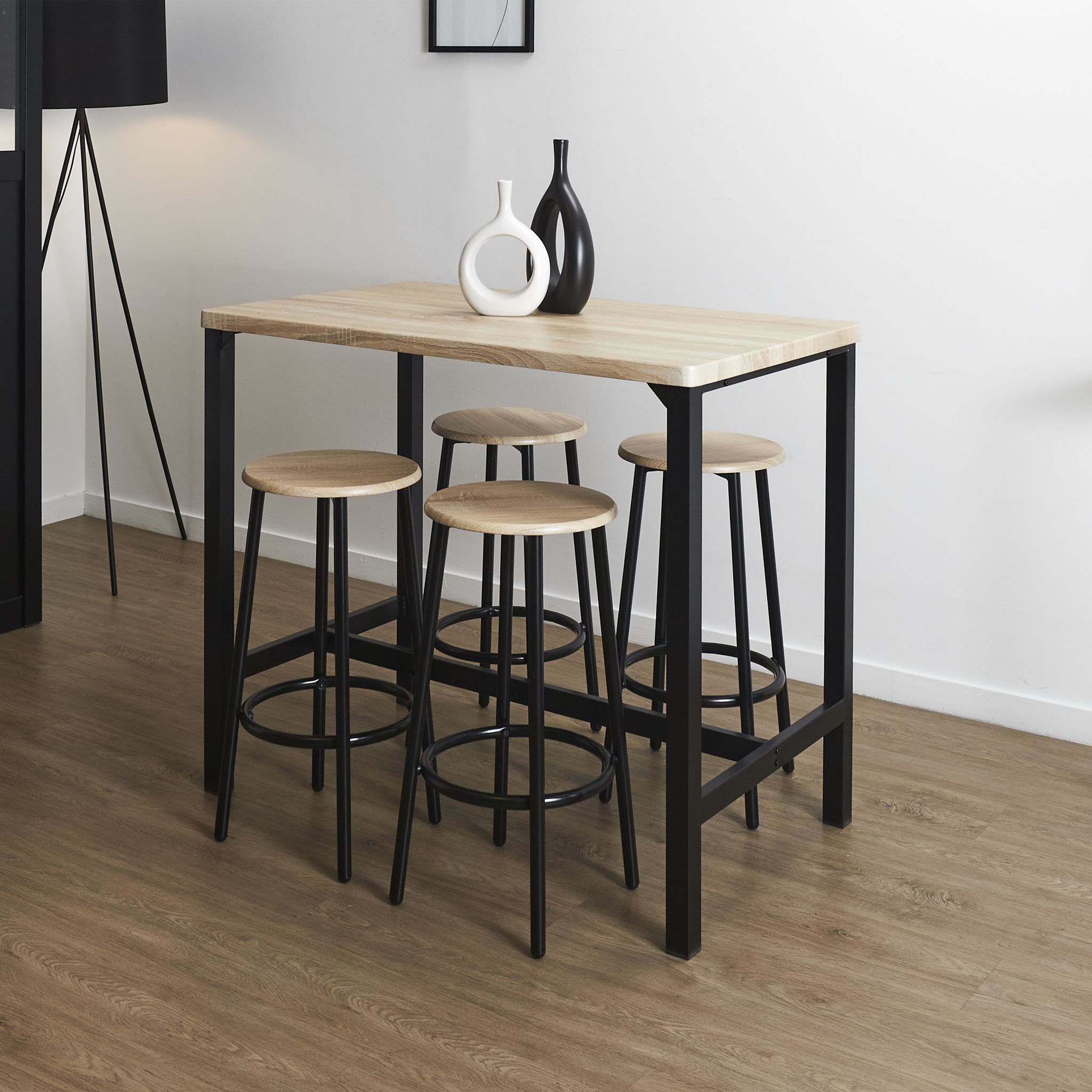 Table Mange Debout 4 Tabourets – Hauteur 86 Cm – Métal Noir Et Bois