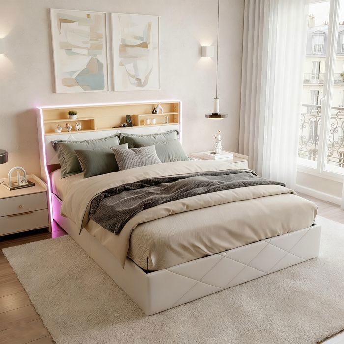 Letto Contenitore - Letto Contenitore 160x200 - Rimozione Idraulica - Led Rgb E Porte Usb - Struttura In Legno/pu Bianco