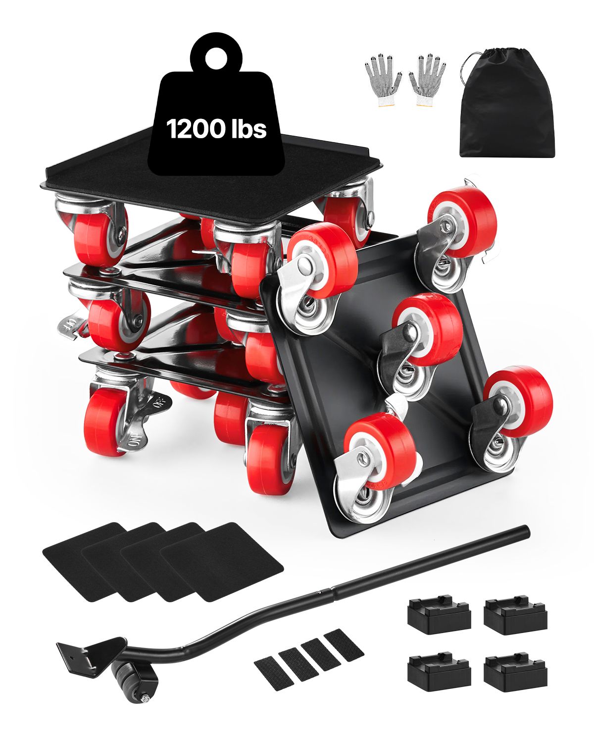Diable de déménagement robuste en acier carbone, 5 roulettes pivotantes 360°, charge max 1200 lbs, lot de 4