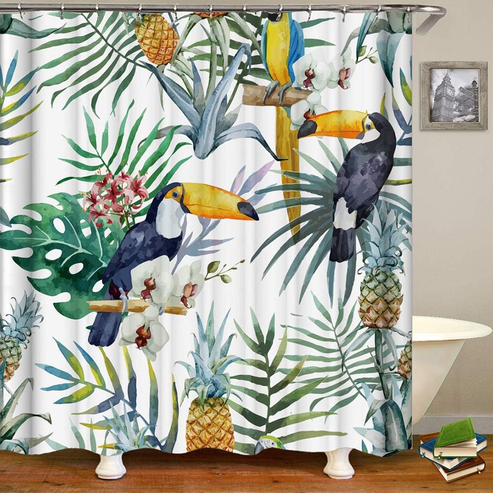 180x200cm Tukan-wald-duschvorhang Badezimmervorhänge Wasserdichter Waschbarer Stoff Polyester 3d-pflanzen-digitaldruck Kunstdekorationen Vorhang Mit 12 Haken - Ccykxa