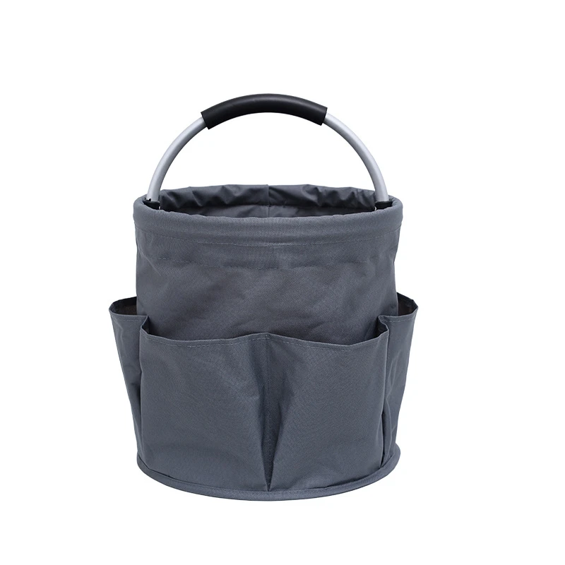Panier à outils rond 17 L en tissu 600D Ox, 6 poches extérieures, poignée rembourrée, gris