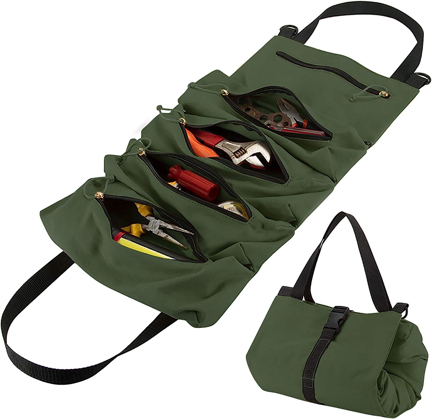 Sacoche à outils en toile robuste, 5 poches zippées pour clés, douilles et tournevis, vert armée