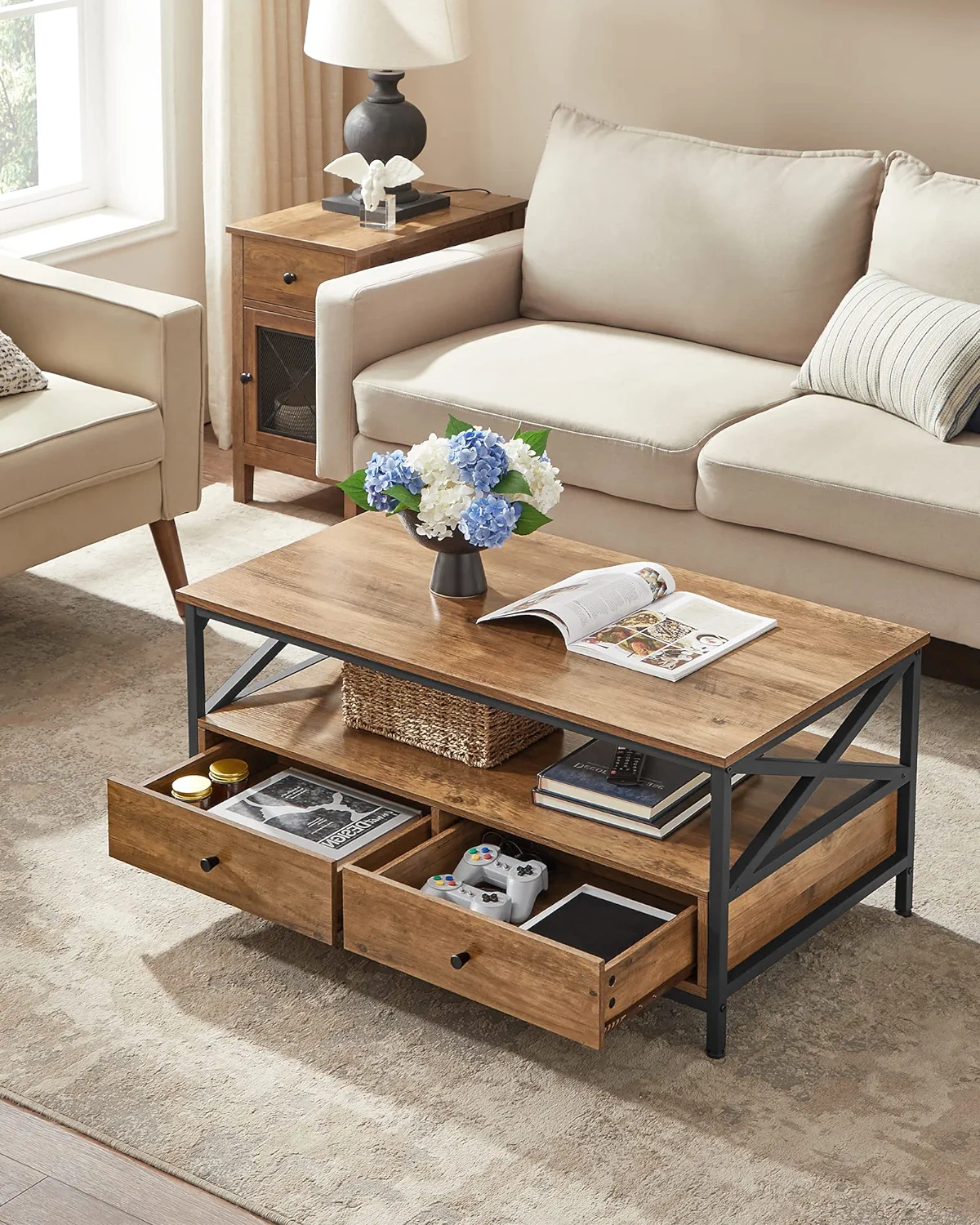 Table Basse, Table De Salon, Buffet Bas, Avec 2 Tiroirs Et Un Compartiment Ouvert, Cadre En Acier En Forme De X, 100 X 55 X 45 Cm, Style Industriel, Marron Châtaigne Et Noir Par Songmics Lct20 - Vasagle