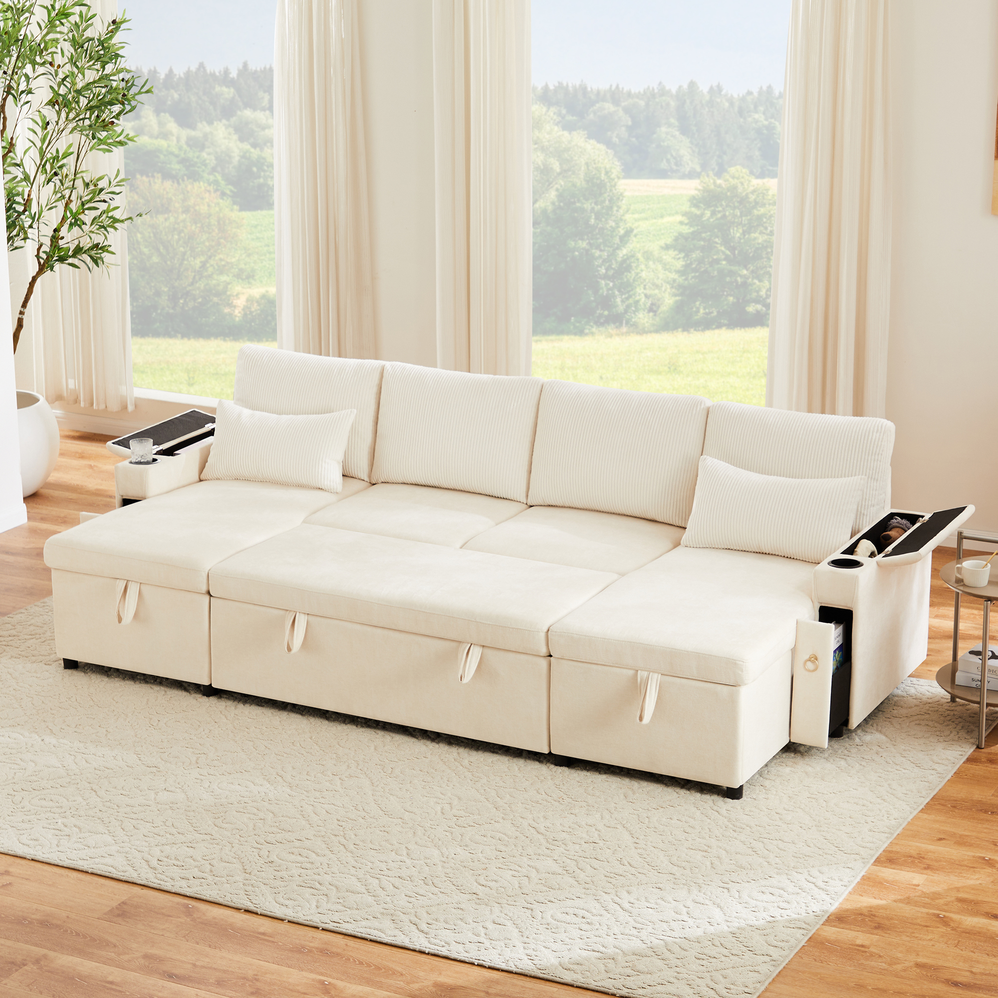 Canapé D'Angle Convertible En U 4 Places, Modulable, Rangement, Porte-gobelets, Beige 272 Cm