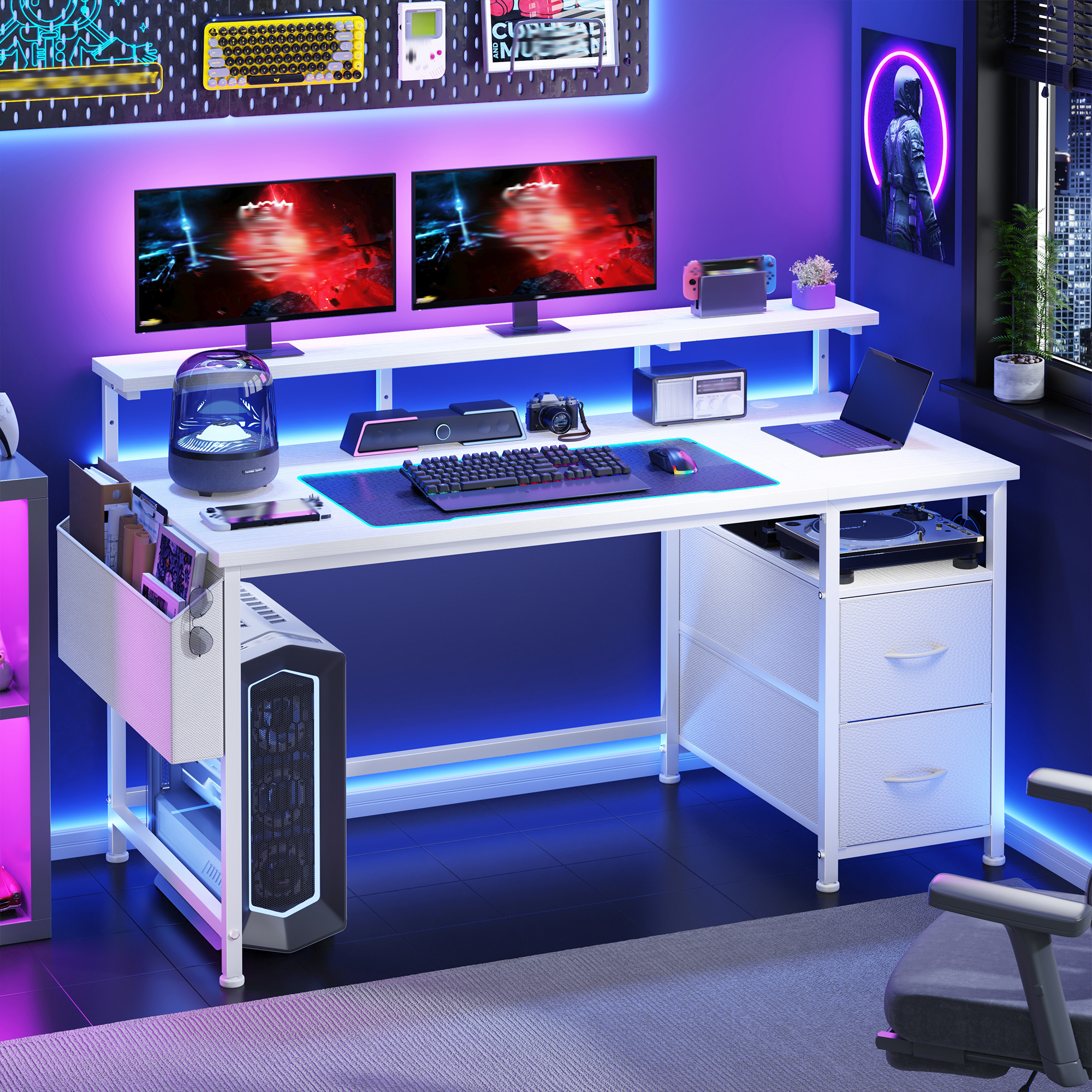 Klyvvo 140x48cm-bureau Avec Rangement 2 Tiroirs Et Poche
