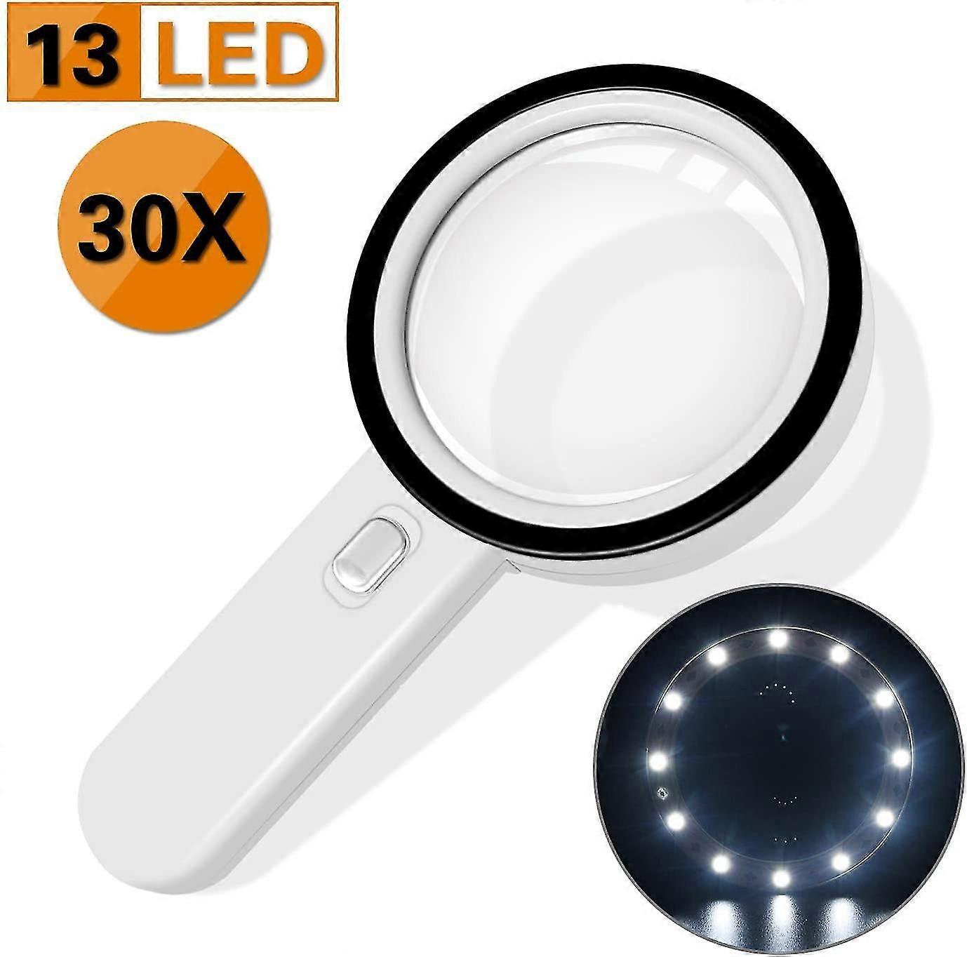 Loupe à main éclairée 30x, verre acrylique 125 mm, 13 LED et lampe UV, lot de 2 piles AA
