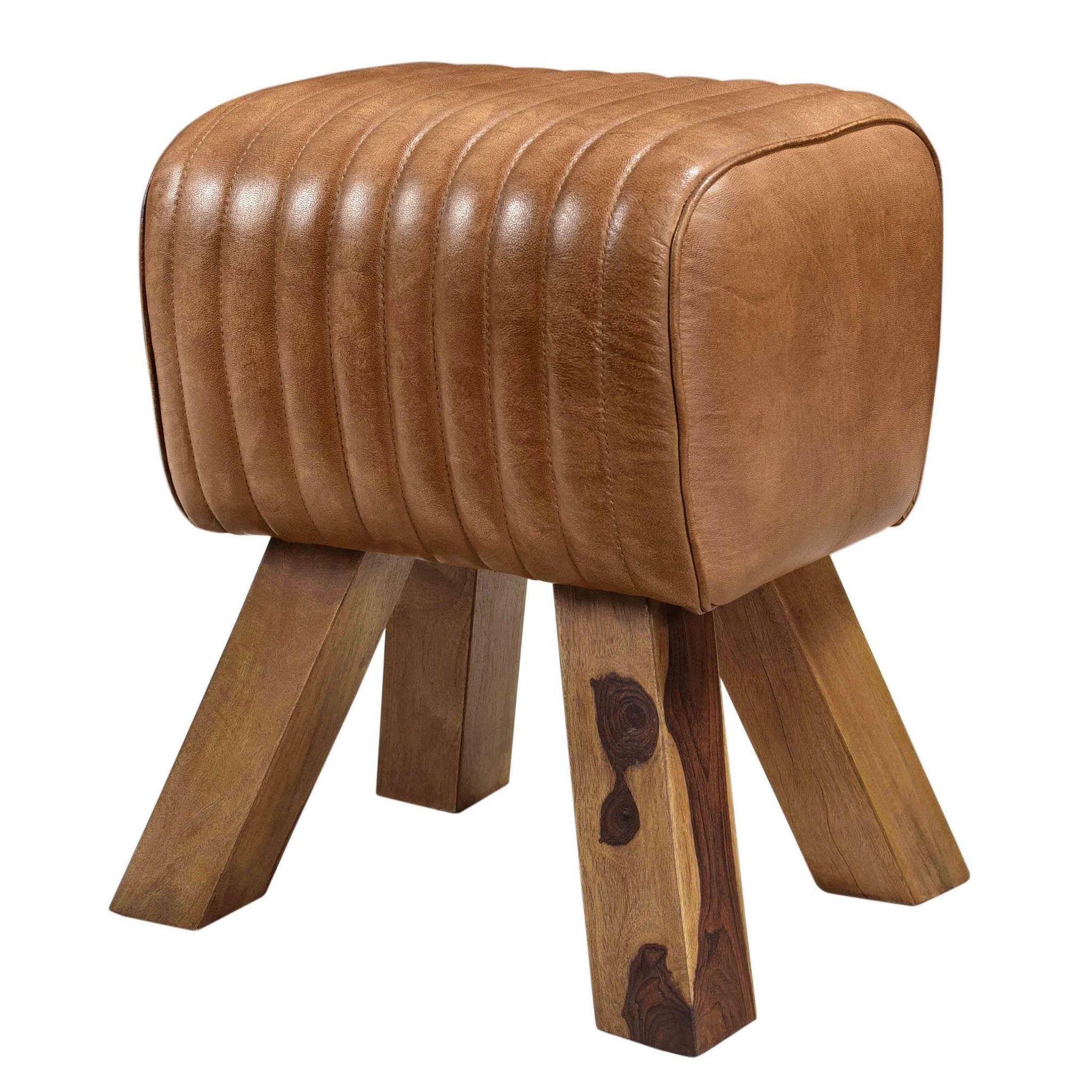 Rendez-vous Déco - Tabouret En Cuir Marron Et Bois De Manguier - Morena