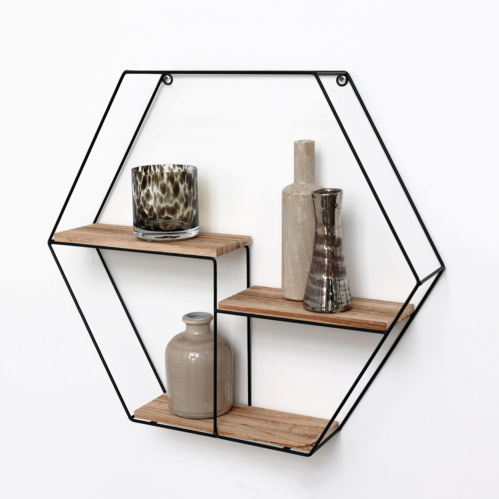 Vivol - Etagère Murale En Métal Noir - 3 Planches En Bois - Hexagonal - 48x55x10 Cm