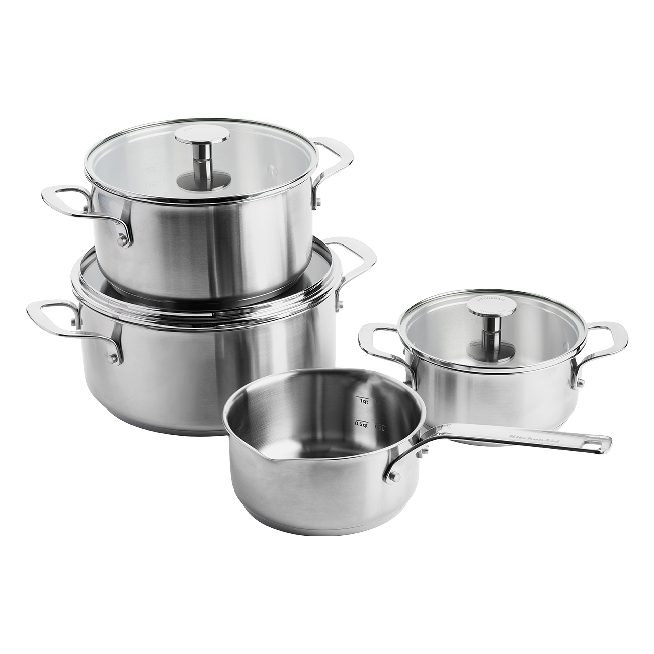 KitchenAid Stainless Steel silber | 7-teiliges Topf-Set | Kochtopf mit Glasdeckel 16cm, 20cm, 24cm | Stielkasserolle 16cm | Antihaftbeschichtung - Bild 3