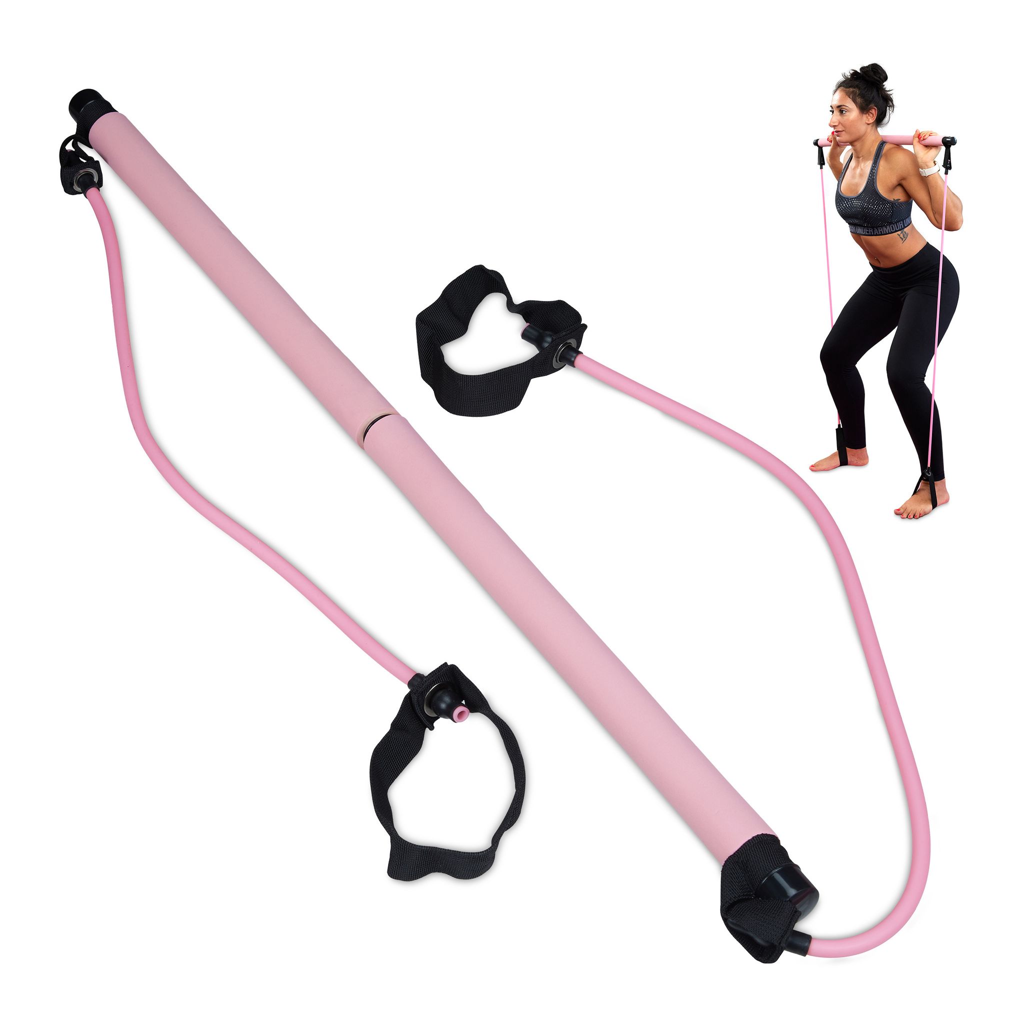 Relaxdays - Barra Pilates Con 2 Elastici, Per Esercizi Di Resistenza E Yoga, Bastone Con Fascie Con Corda Per Piede, Rosa