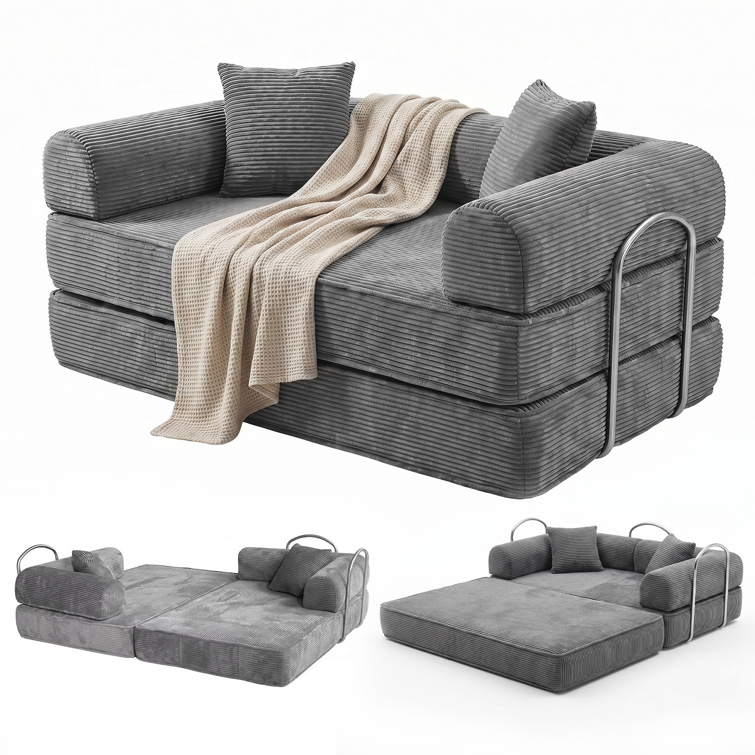 Canapé Convertible 2 Places Modulable – Velours Côtelé Gris – Confort Mousse Haute Densité – Dimensions 150x90x65.5 Cm