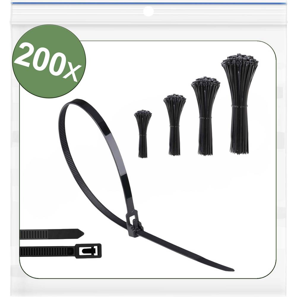 Quadrios 25CA704 25CA704 Kabelbinder 150 mm, 200 mm, 250 mm, 300 mm 5 mm Schwarz Lösbar, mit Hebelverschluss,