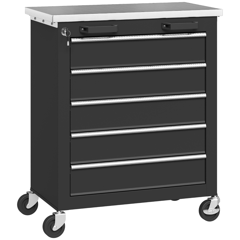 Servante d'atelier 5 tiroirs en acier, plan inox 1 mm, roulettes avec freins, 2 clés
