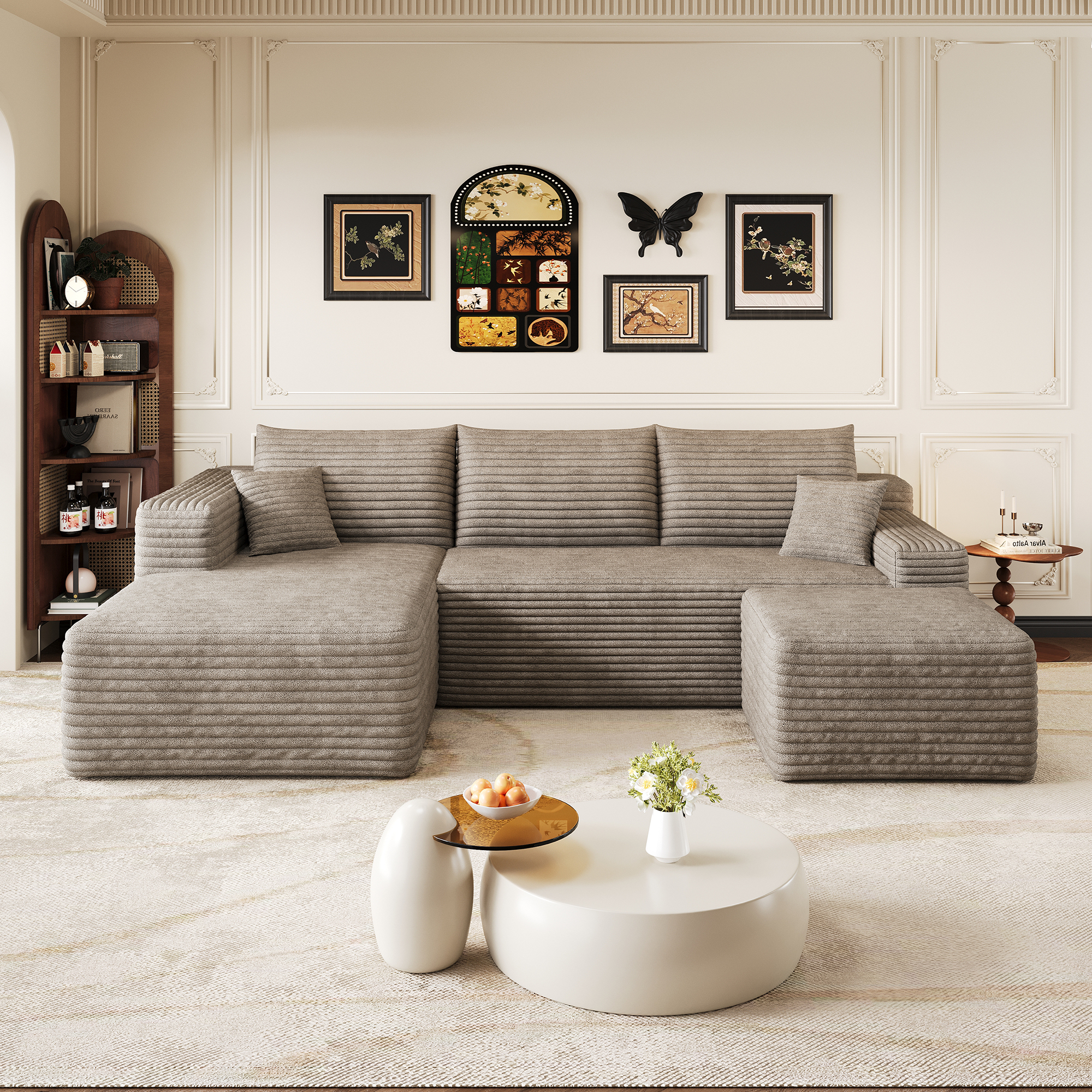 Canapé D'Angle U 3 Places En Velours Côtelé,chaise Longue Gauche +