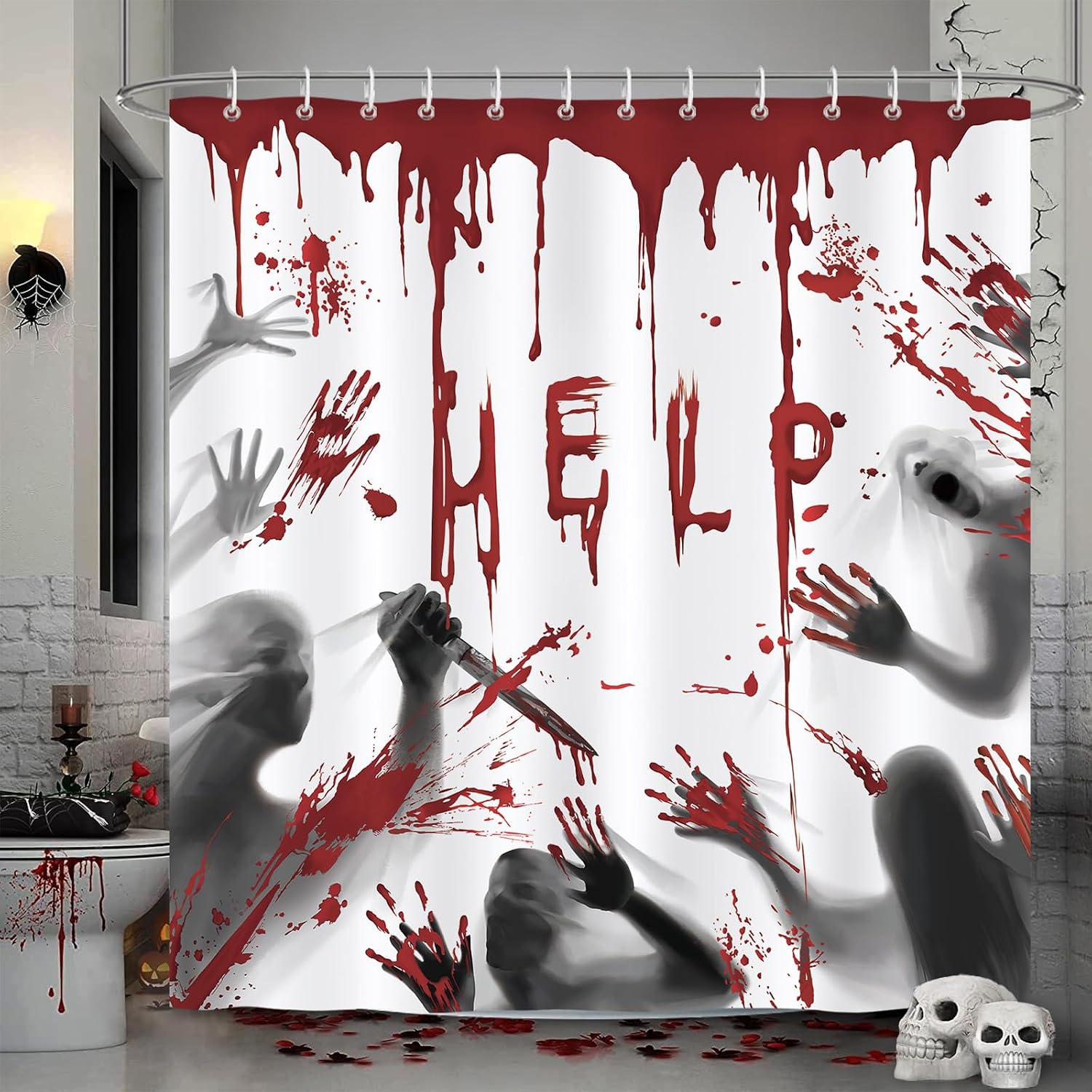 Ccykxa 2-teiliger Halloween-duschvorhang, Blutiger Handabdruck, Badevorhang Aus Polyestergewebe, Schimmelresistent, Wasserdicht, Waschbar, Badezimmervorhänge, 180 X 180 Cm, Mit 24 Haken Für Die Badewa