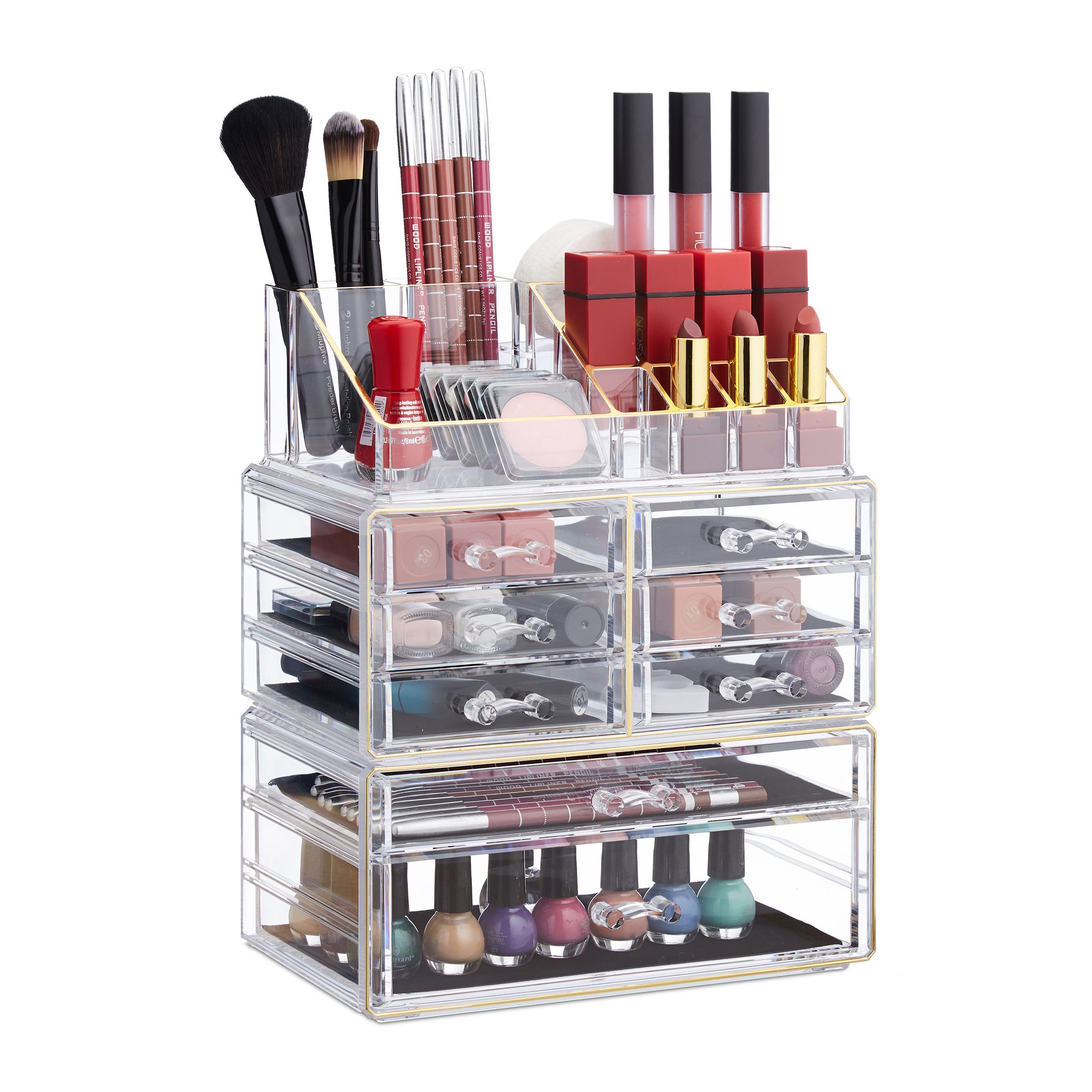 Organizer Make-up Con Cassetti, Porta-trucchi E Accessori, Acrilico, Trasparente/oro - Relaxdays