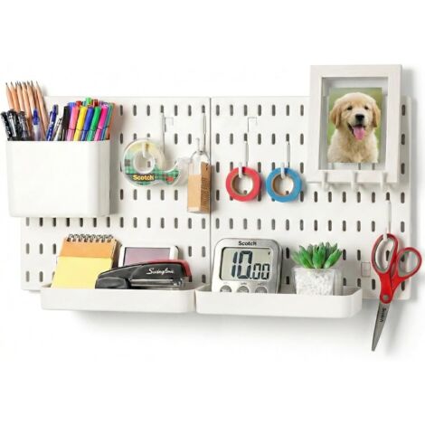 Panneau perforé mural modulaire en bois blanc, 40x60 cm, charge 9 kg, fixation adhésive ou clous, accessoires inclus