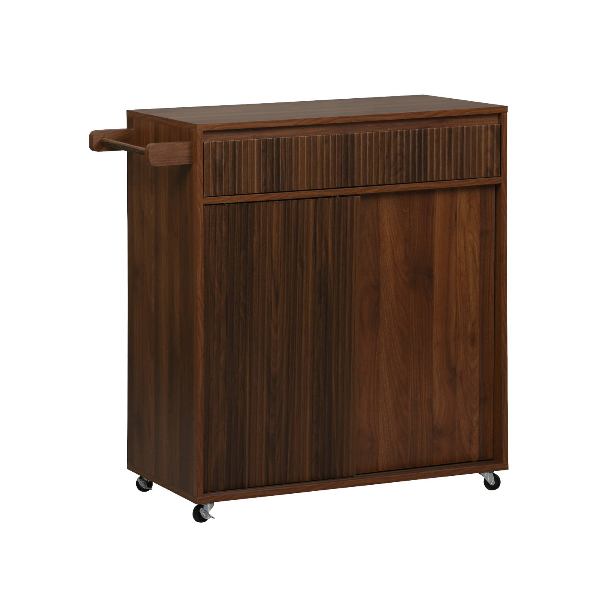 Sweeek Kitchen Cart 1 Handle 1 Drawer 2 Doors 4 Wheels Wood Decor Walnut 90.5x40x90 Cm - Linear