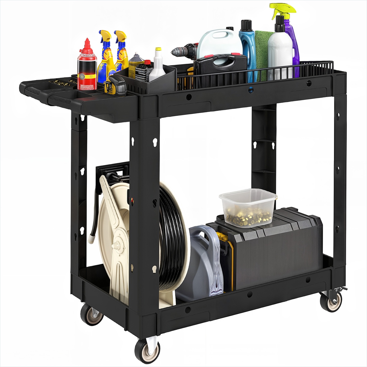 Chariot d'atelier 2 niveaux en plastique PP noir, charge 227 kg, poignée latérale et 4 roulettes dont 2 freins, 102,6 x 43,5 x 84,5 cm