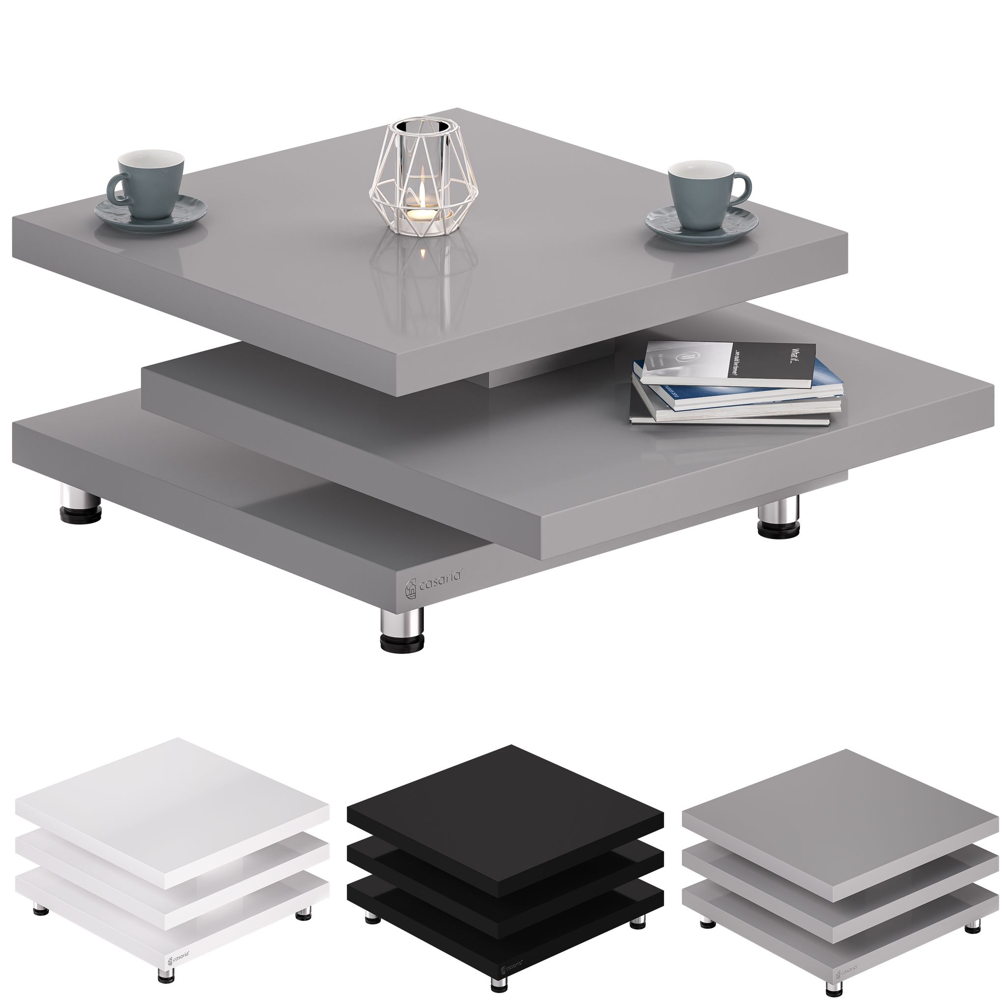 Couchtisch Hochglanz Modern 360° Drehbare Tischplatte Höhenverstellbar Mdf Wohnzimmertisch Sofatisch 72x72cm - Grau - Casaria