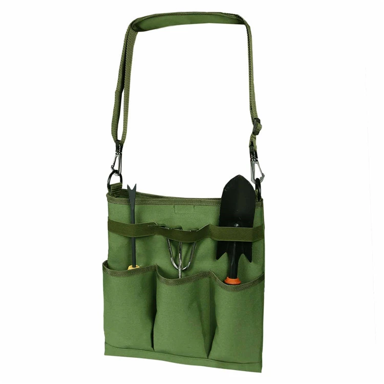 Sac à outils de jardin vert avec bandoulière, 4 poches, 30 x 32 cm