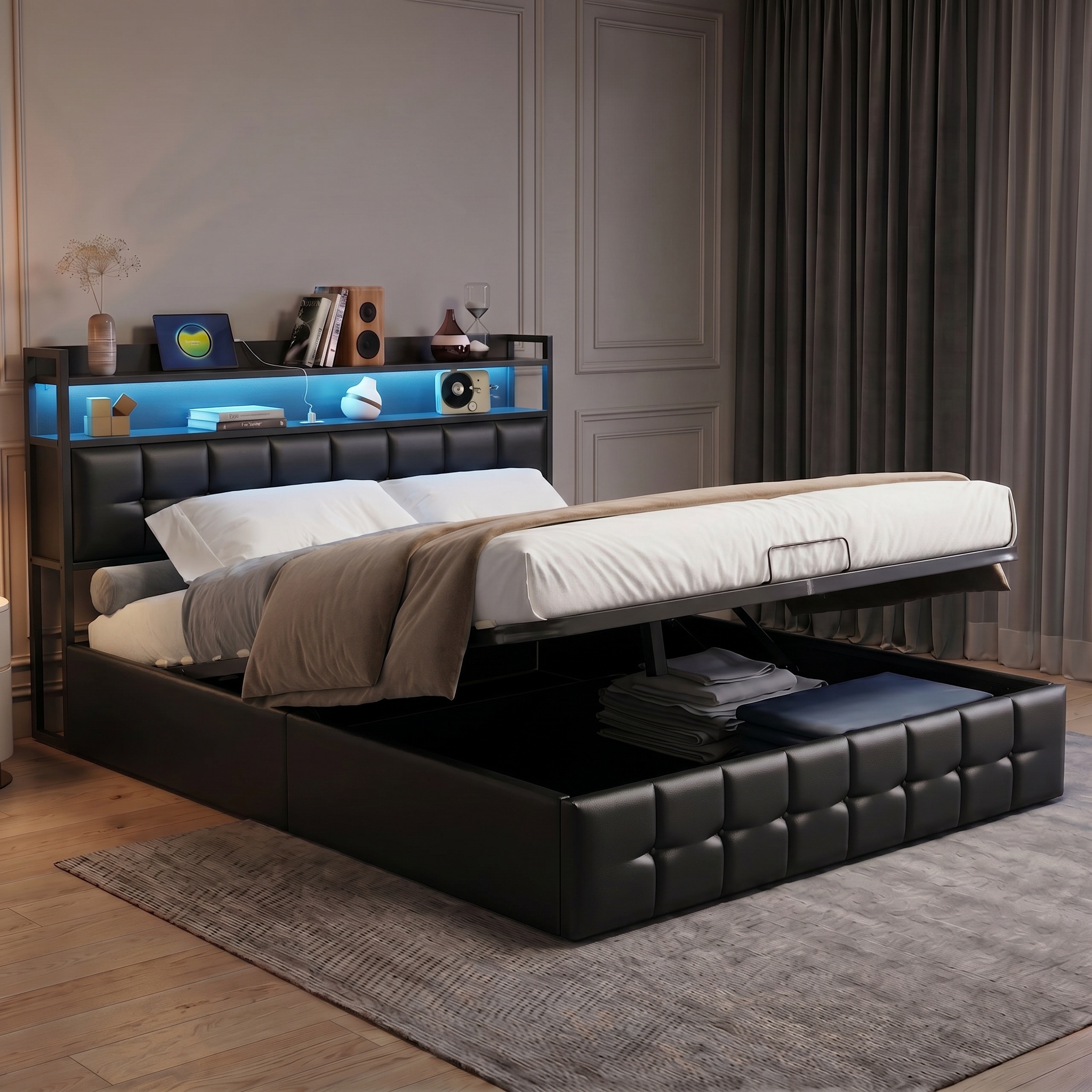 Lit Coffre 160x200 Cm Avec Sommier En Bois Massif, Avec Rangement Grand, Tête De Lit Ouverte Et Rangement, 2 Ports Usb/ C, Lit Double Adulte - Pu - Noir
