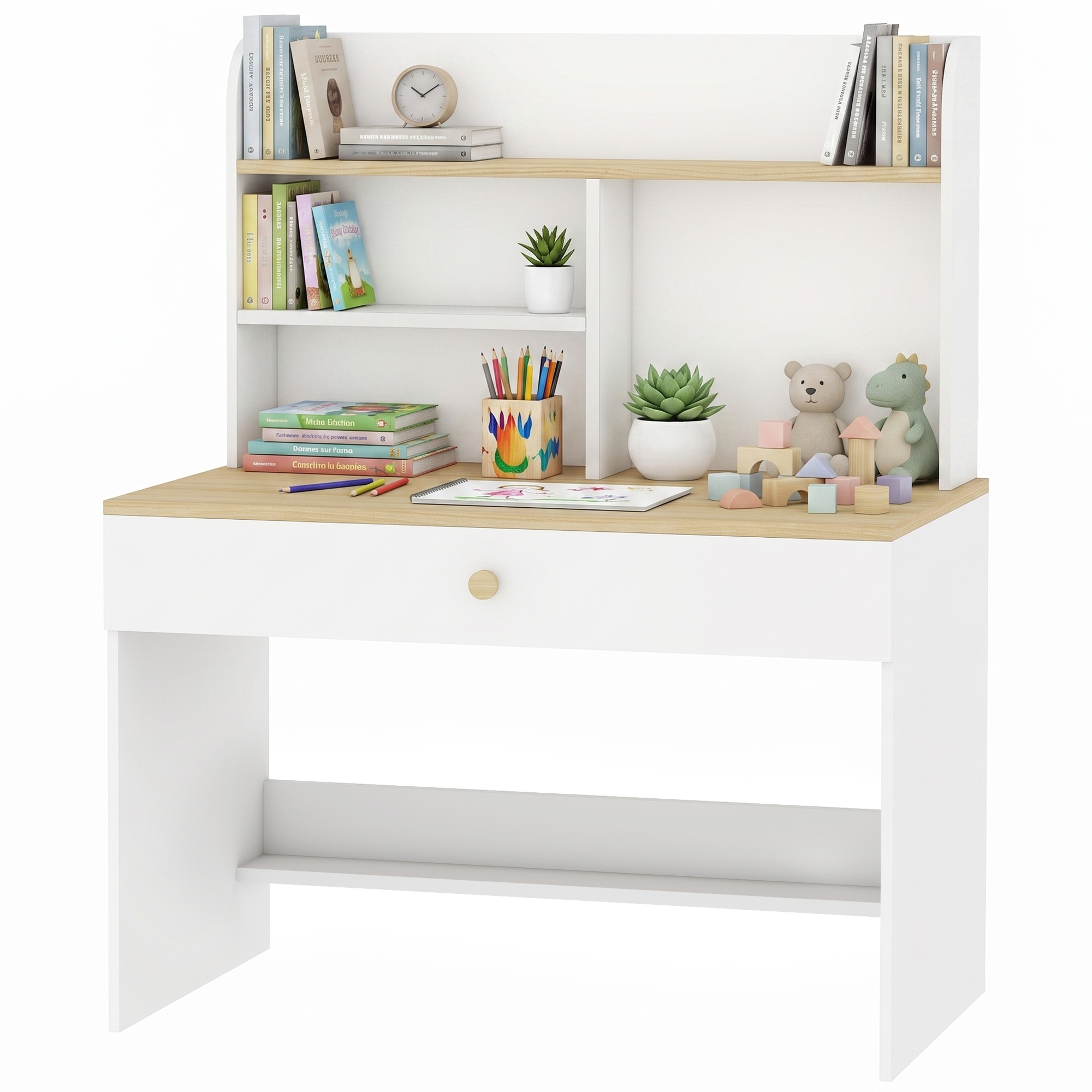 Bureau Enfant Avec Étagères Et Tiroir, Table Pour Enfants De 3 À 8 Ans, En Bois Blanc, Pour Chambre.