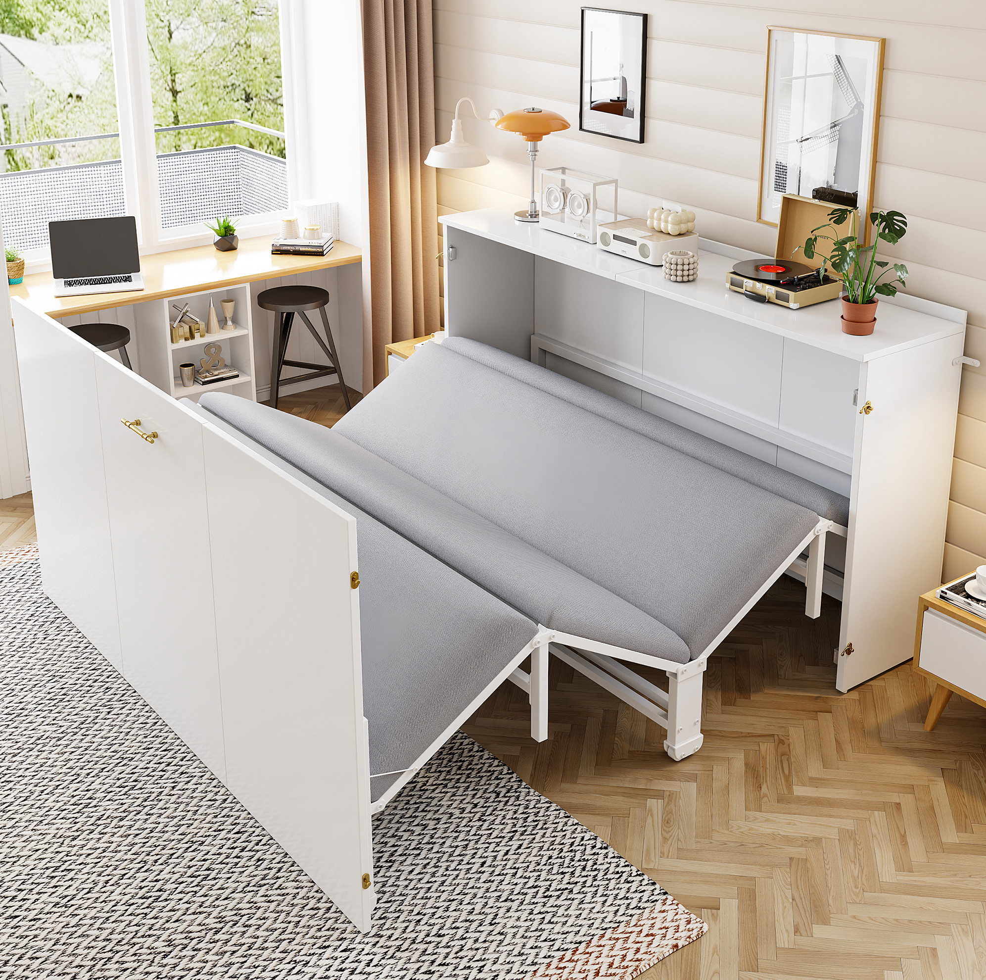 Desviae Lit Escamotable 140 X 200 Cm Avec Matelas En Lin Armoire Lit Gain De Place Structure En Bois Et Métal Roulettes Silencieuses Blanc