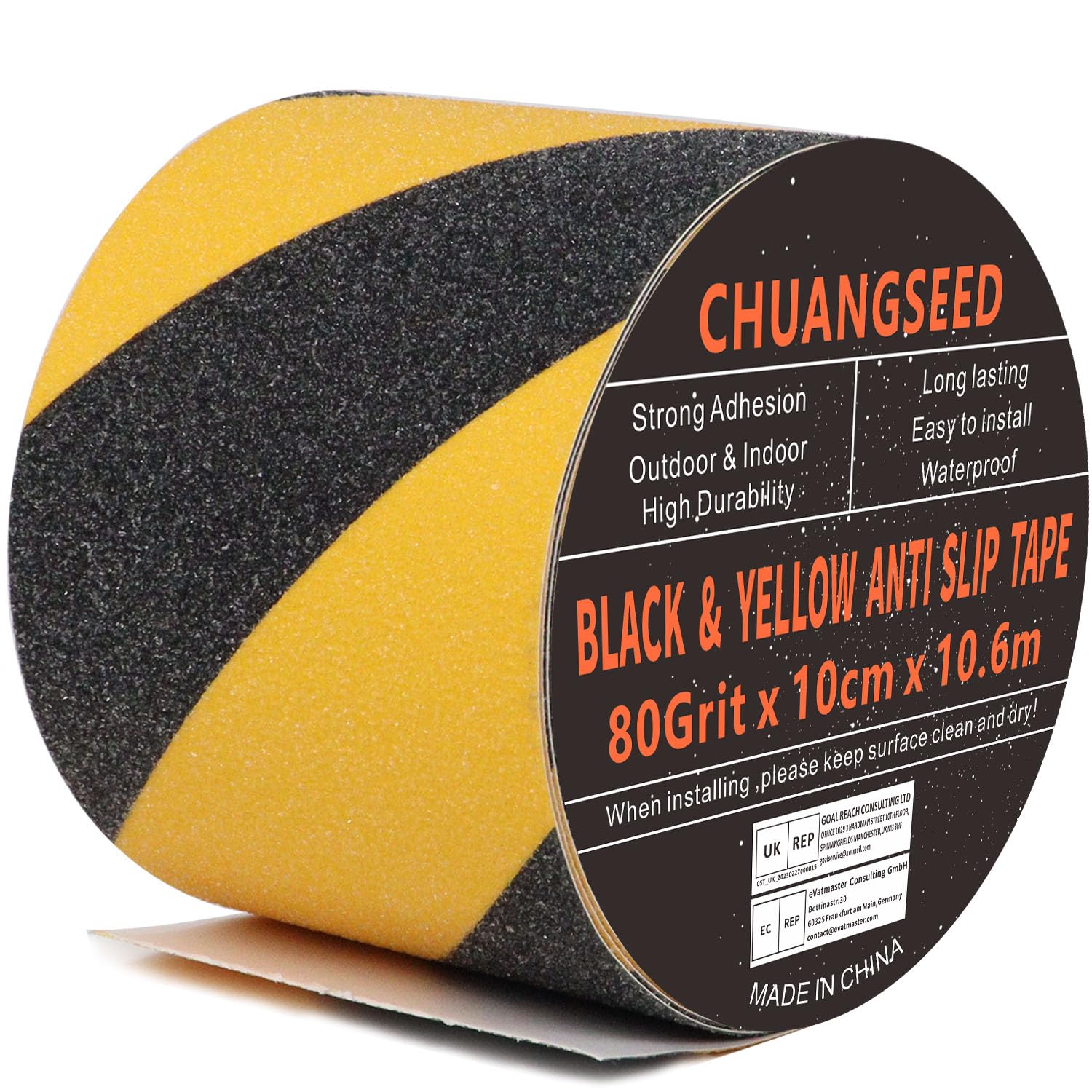 Ruban antidérapant jaune et noir 10 cm x 10,6 m, adhésif pour marches et échelles