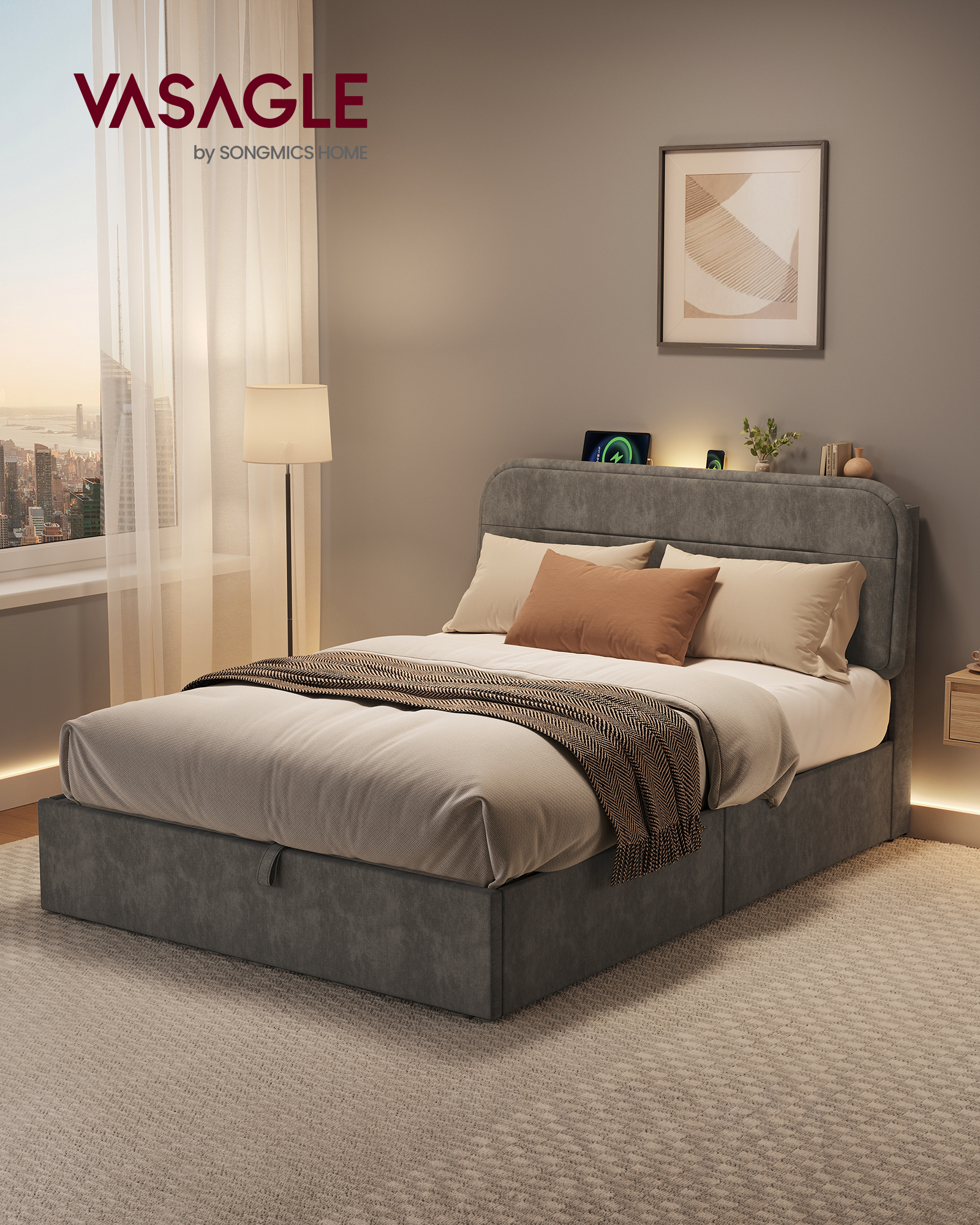 Vasagle – Lit Coffre 140 X 190 Cm – Sommier Relevable Avec Rangement – Éclairage Led Et Ports De Charge – Tête De Lit Rembourrée – Gris Ardoise