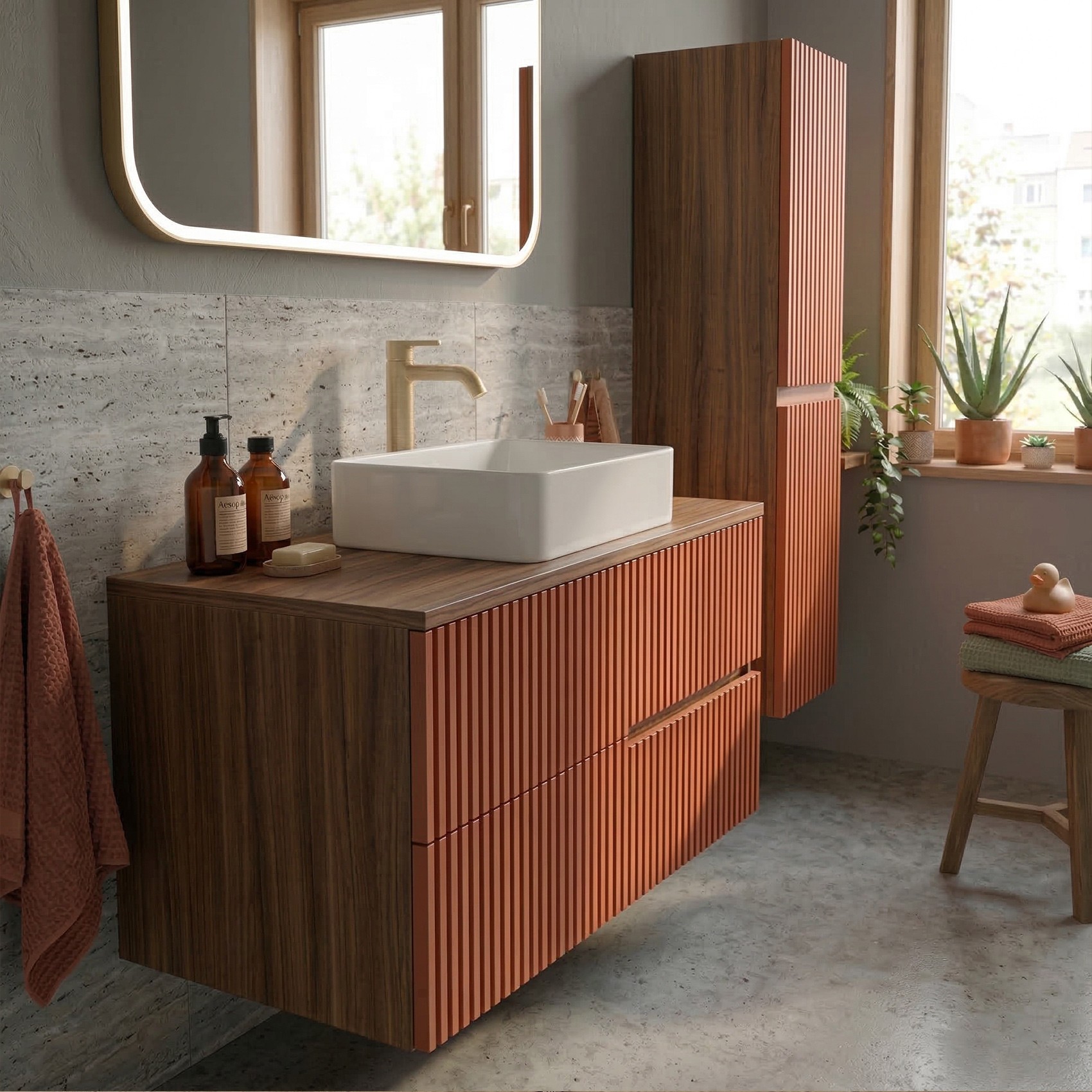 Ensemble Meuble Vasque À Poser L.100cm + 1 Colonne Suspendu Chêne Moka 2 Tiroirs Brique Cannelé Eva