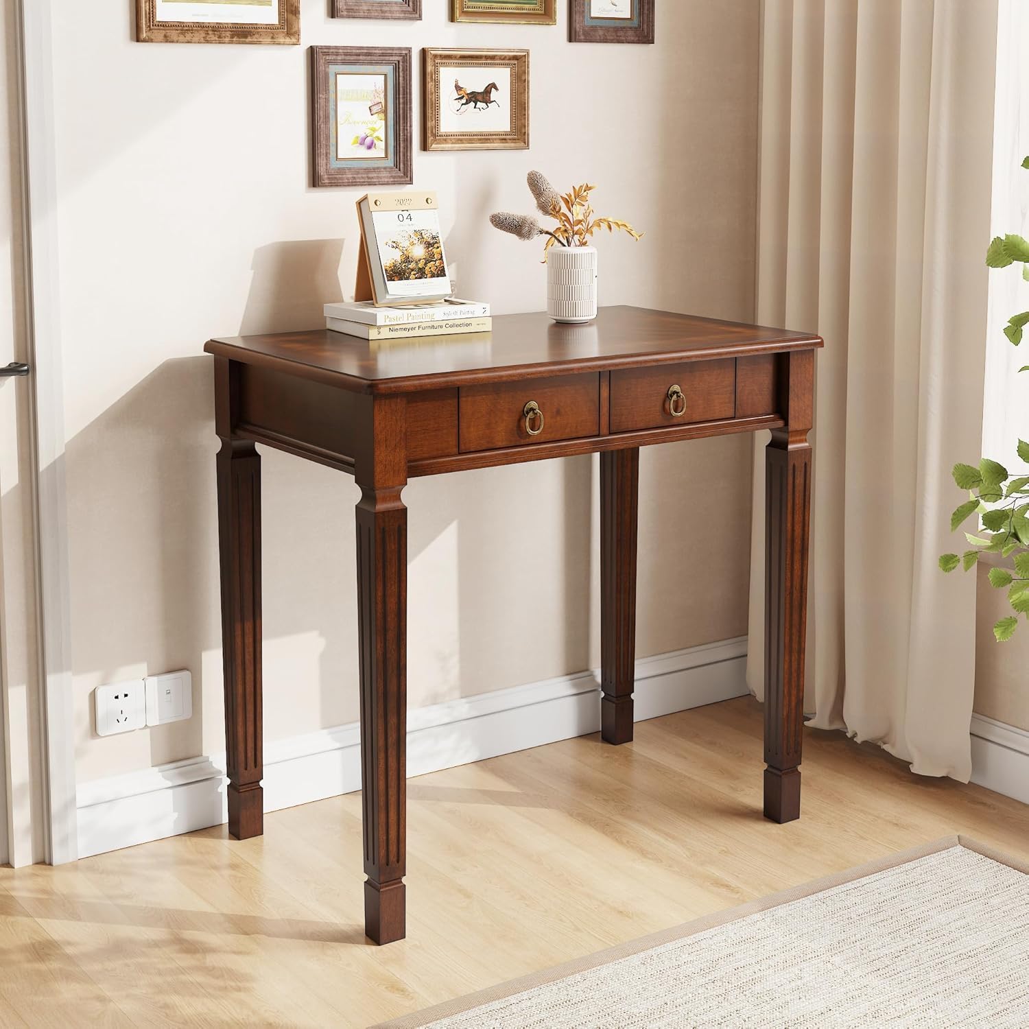 Padma House Bureau D'Écriture Vintage En Bois Avec 2 Tiroirs, Petit Bureau D'Ordinateur, 80 Cm De Large, Table D'Étude Pour Bureau À Domicile, Petite Table De Secrétaire En Cerise Foncé