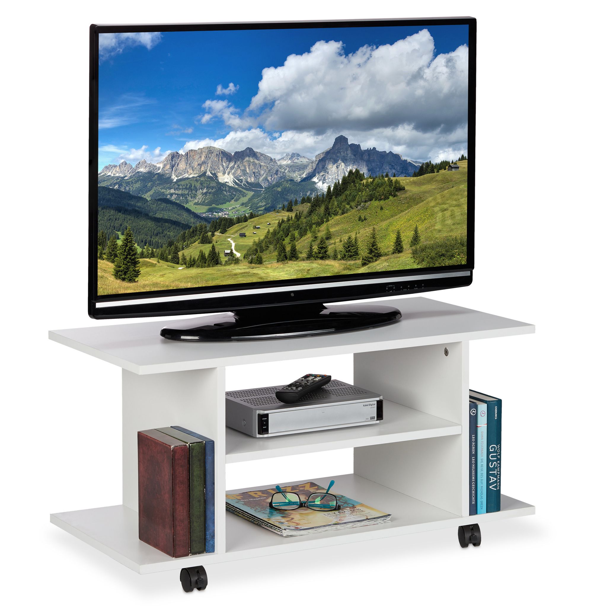 Relaxdays - Tv Stand With Casters, 4 Open Compartments, Mobile Coffee Table For Devices, Dvds, Hwd 40 X 80 X 40 Cm, White