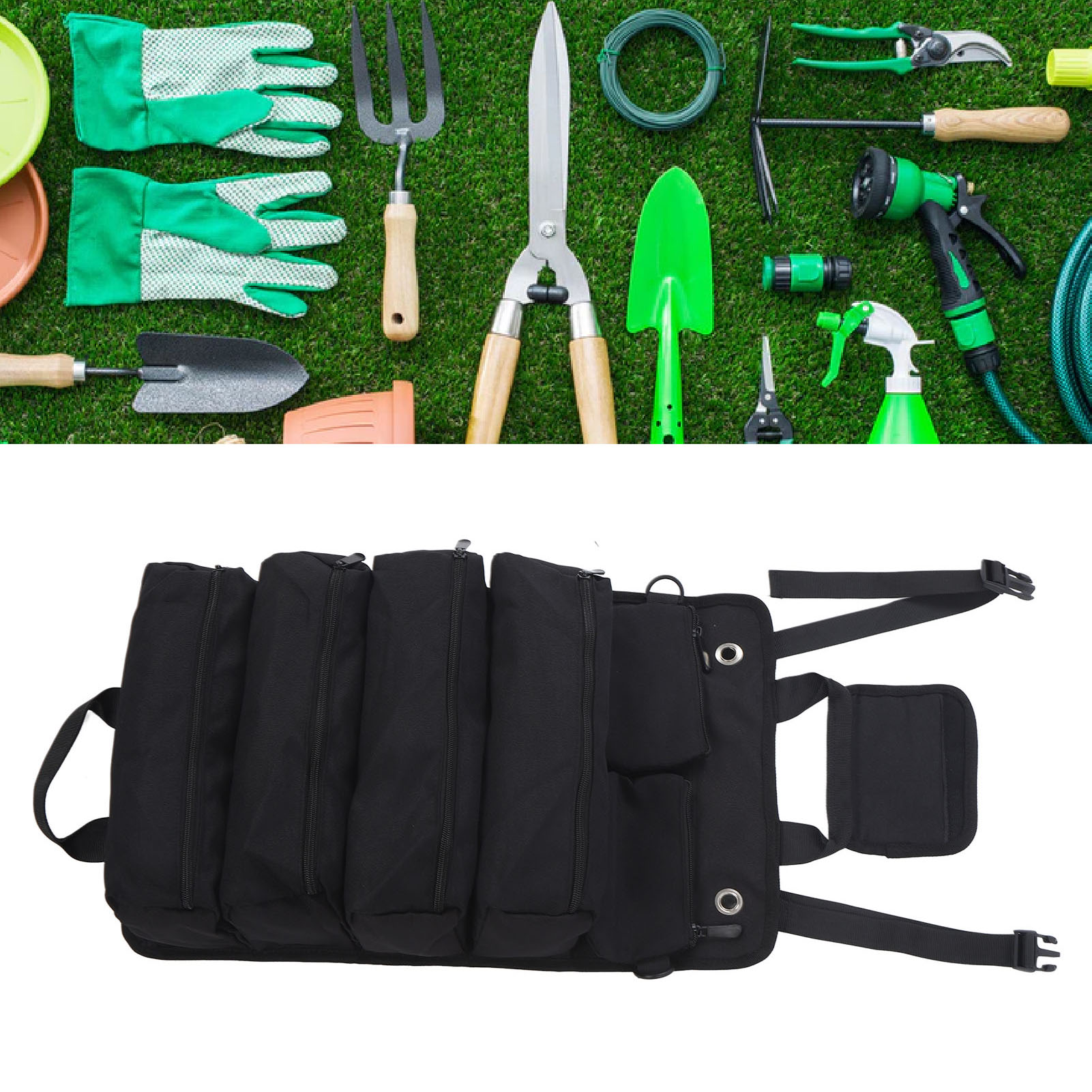Sac de rangement enroulable pour outils de jardin, toile Oxford résistante, 49 x 33 cm déplié, noir