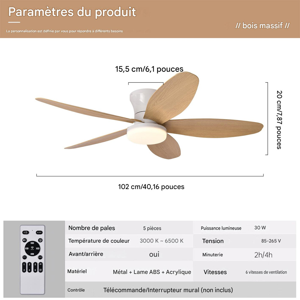 Plafonnier Ventilateur 42 Pouces Avec Éclairage Led, Moteur Réversible, 6 Vitesses, Minuterie, Lumière Dimmable, Bois Naturel