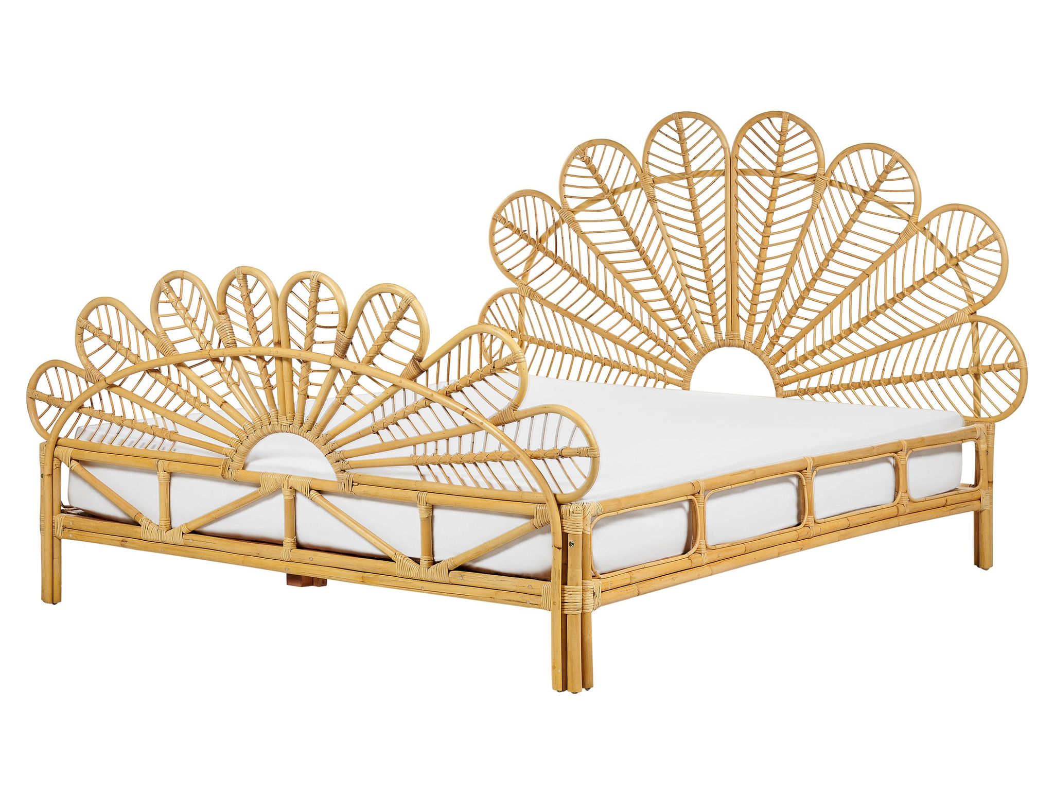Lit Double En Rotin Clair 160 X 200 Cm Tête De Lit Tressée En Acajou Florentine