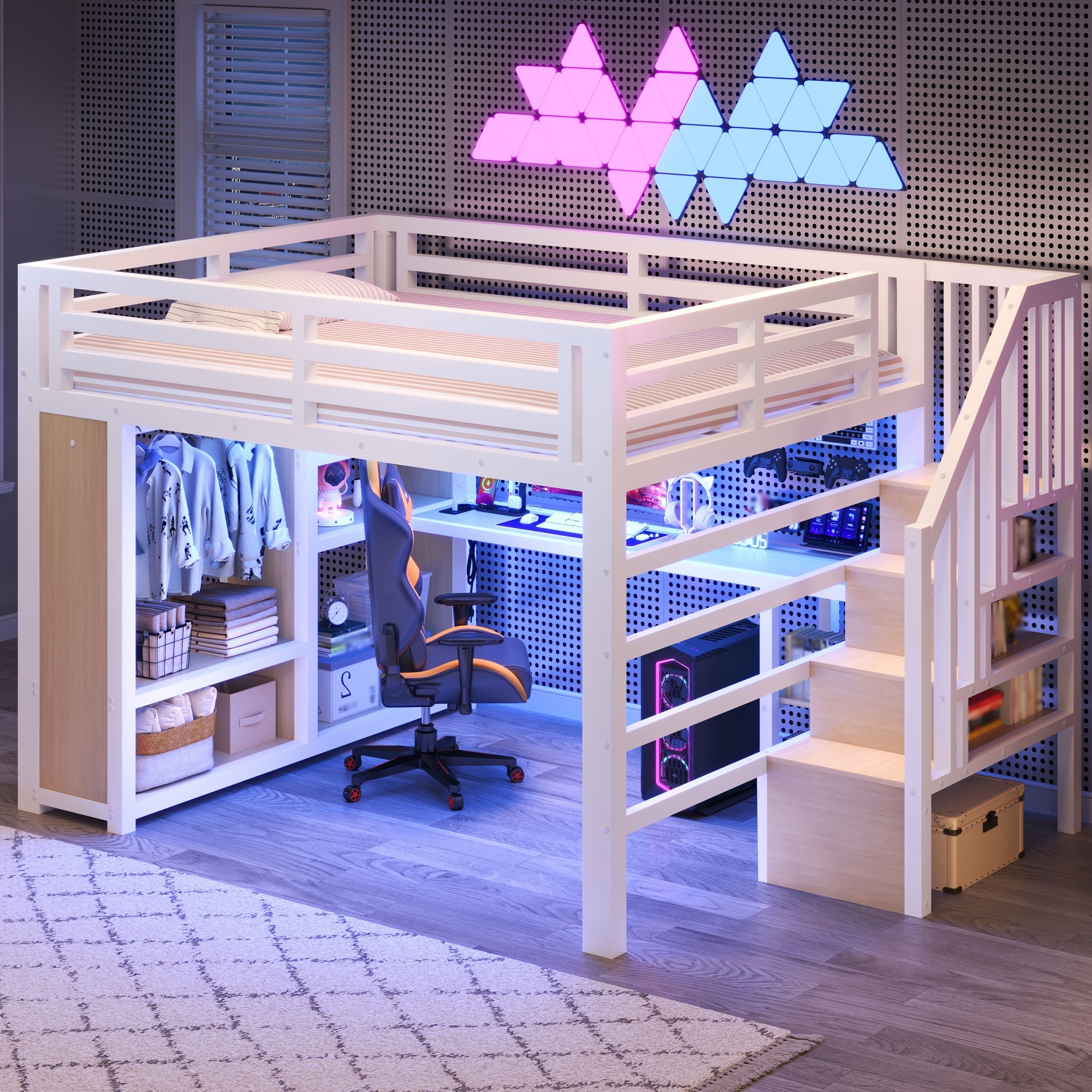 Lit Mezzanine 160x200 Cm, Lit En Hauteur Gaming Avec Bureau Et Led