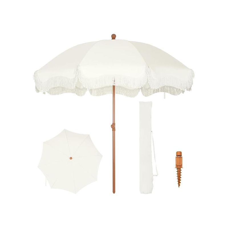 Parasol De Plage De 2 M Avec Vis À Sable Uv 50+ Parasol À Franges Pour