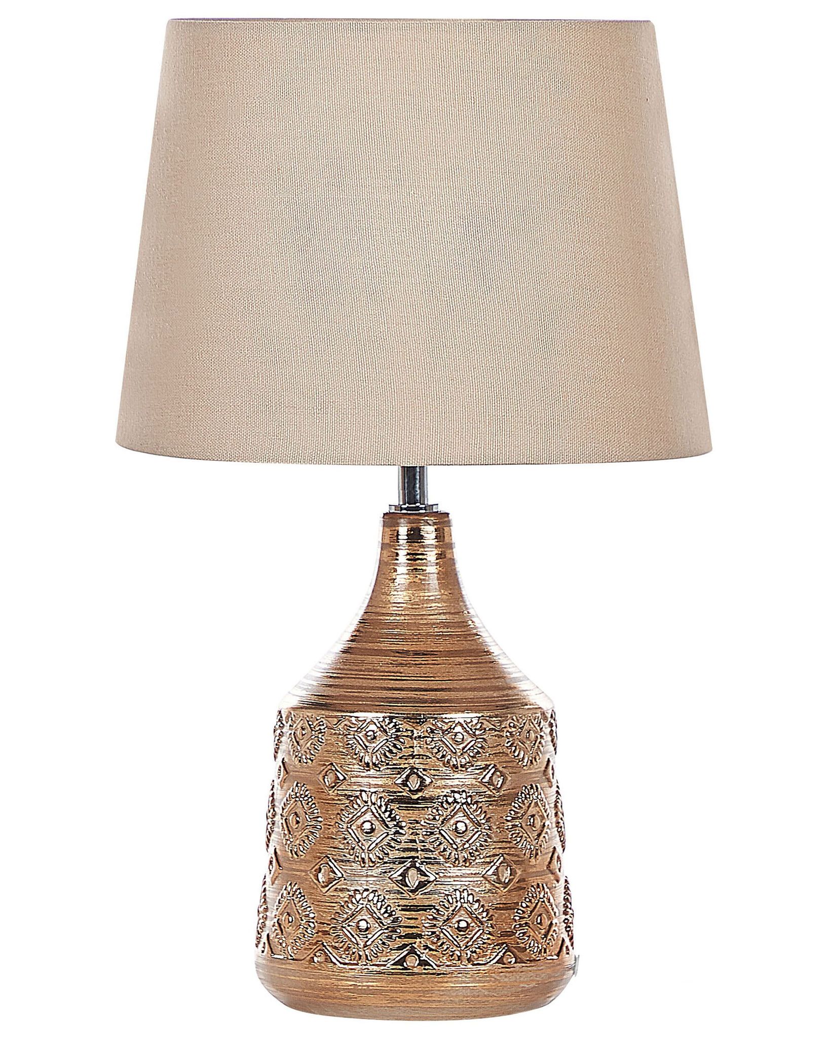 Beliani Tischlampe Goldbraun Keramik 47 Cm Stoffschirm Kegelform Jute U. Baumwolle Langes Kabel Mit Schalter Handgefertigt Retro Schlaf- U. Wohnzimmer