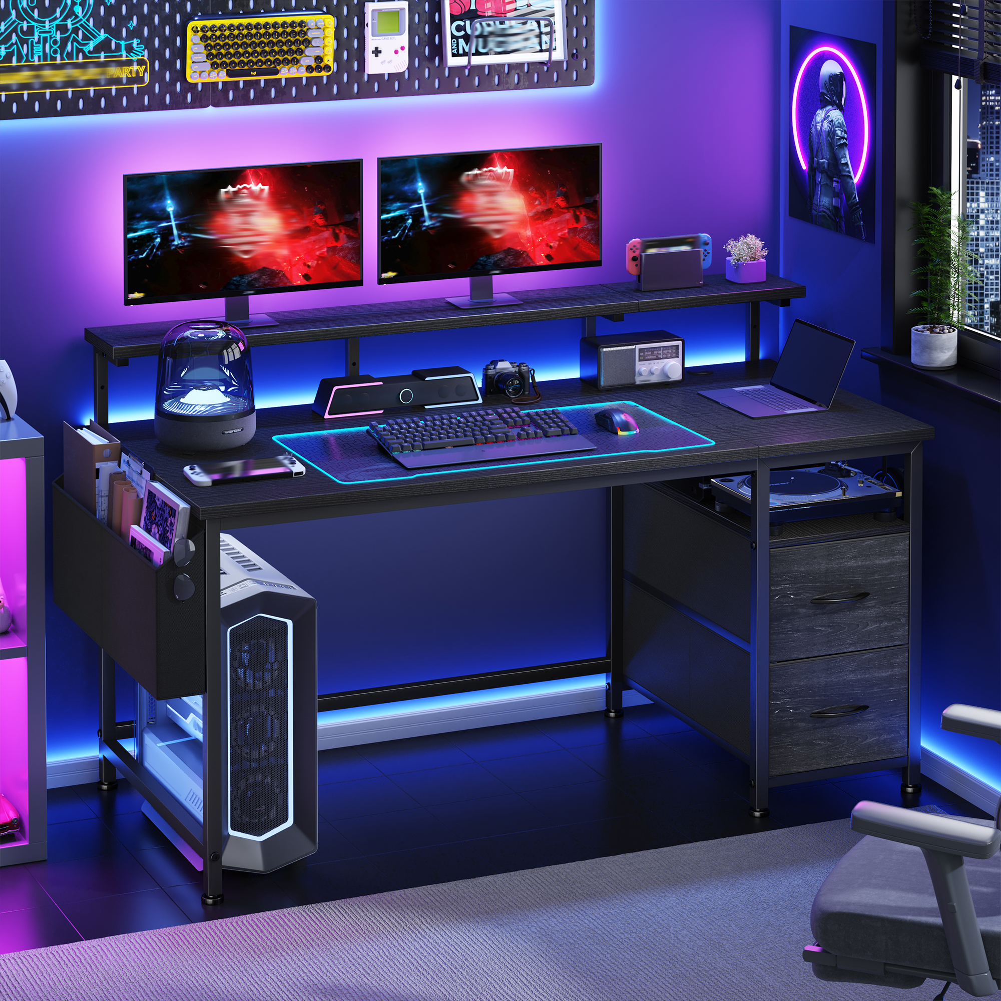 Klyvvo 140x48cm-bureau Gaming Avec Rangement 2 Tiroirs Et Poche